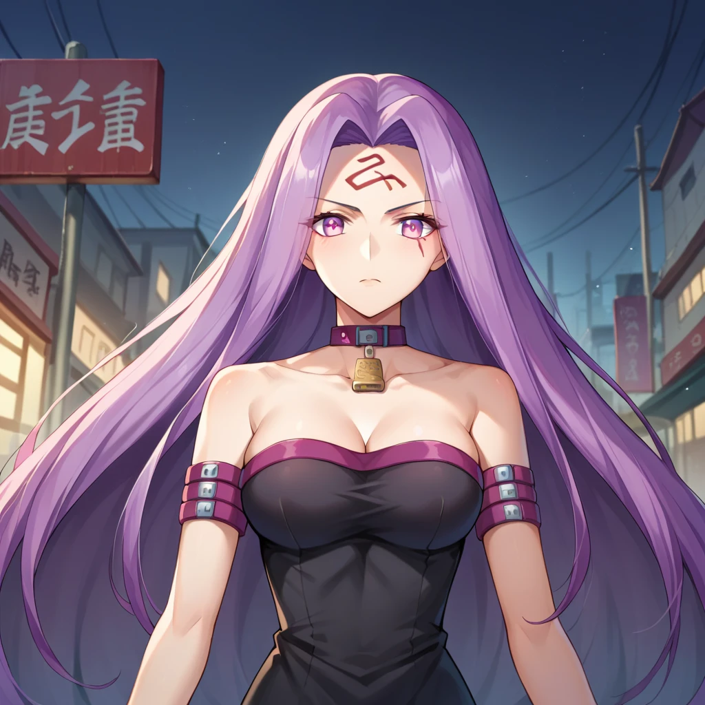 Score_9, Score_8_up, Score_7_up, sauce_anime, Medasa Rider, Ride Medusa, Long Hair, very Long Hair, Purple Hair, Facial marks, Forehead mark Taihai, dress, Clevis, Shoulder, Sleeveless, black dress, collar, Strapless, Strapless dress, Blindfold, ((背景はリアル系anime風に, Outdoor, Harbour Street, Dark Night, Jump over the city, Dynamic posing)), looking at viewer, Combat Ready, arms, Lock, knife,