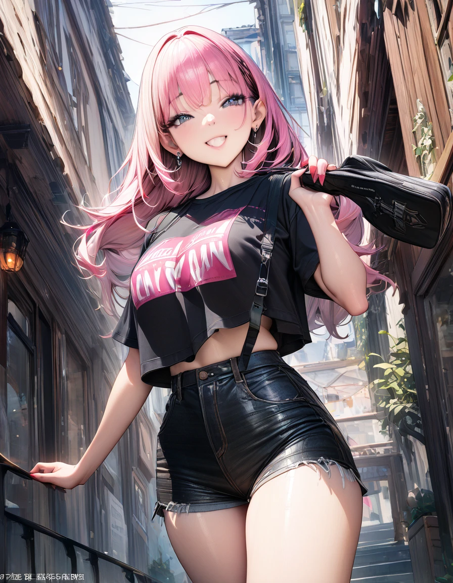 A pink haired with a violet eyes with an hourglass figure in a crop top and short skirt is shopping in the mall with a big smile and her hair in a ponytail