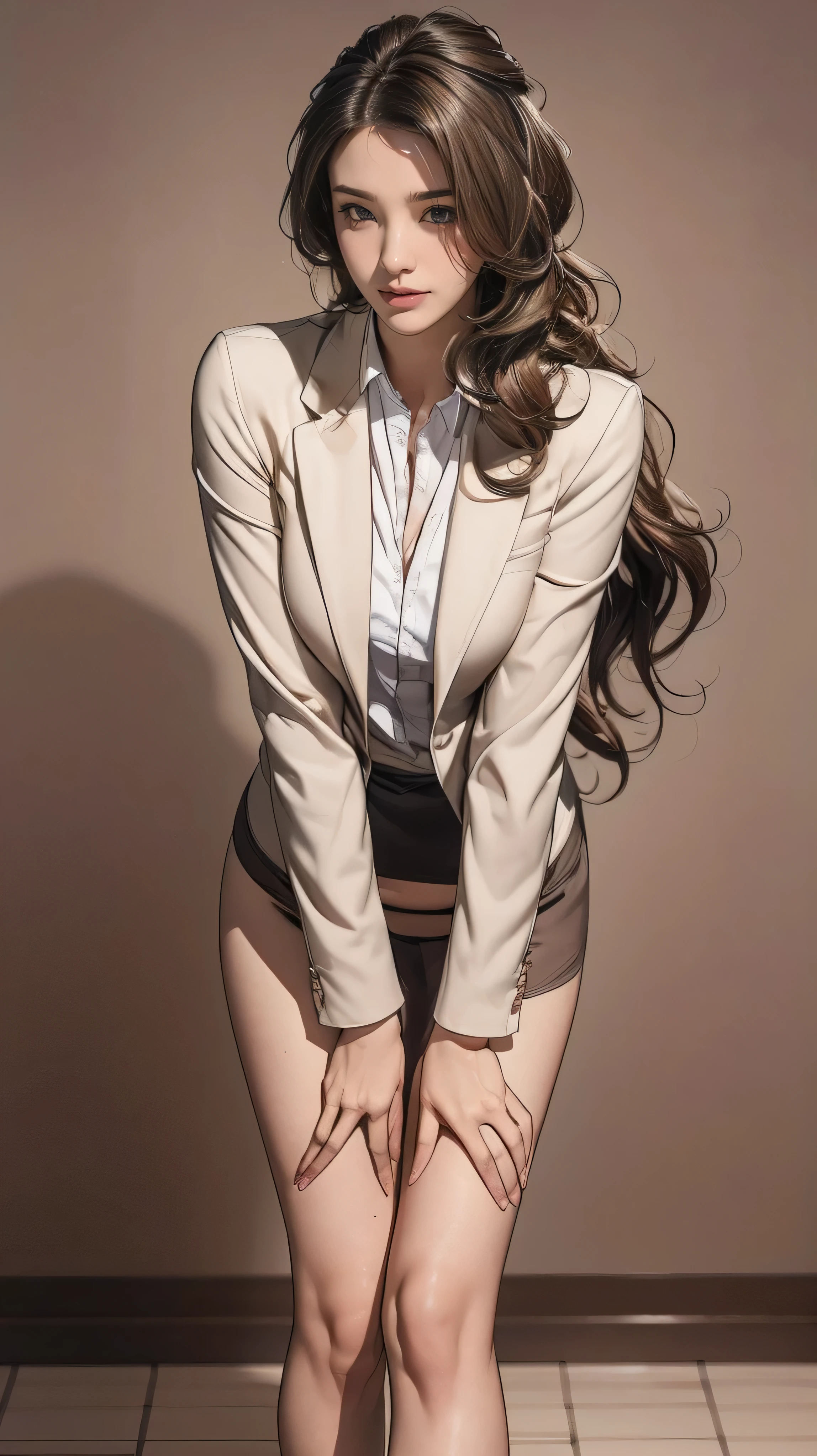 Ultra HD, high quality, 最high quality, High resolution, realism)) 、Two beautiful white women、Hair Color: Blonde、Blue Idea Hair、Straight Hair、smile、A slim but well-proportioned muscular body、An athletic physique、((Super long brown hair reaching to her knees:1.4)),((Hair with loose waves inside:1.4)), ((tight blazer is worn with formal shirt on female upper body, panties of female crotch between bare legs under short skirt are seen just a little:1.3)),((standing gracefully:1.6))