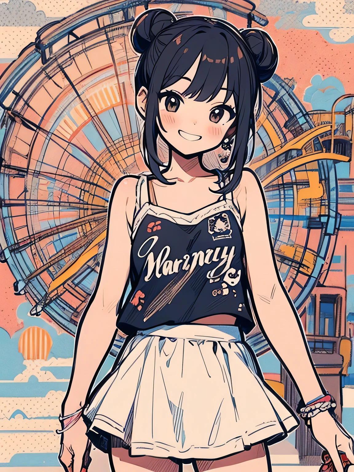 (Alone),upperbody,brown short low ponytail,long sidebun,((bluntbangs:1.3)),cute smile,camisole、Micro Mini Skirt、Absolute territory、Black Knee High、Fancy Pouch、amusement park、Ferris Wheel、Merry-go-round、(manga style),(sketch),(illustration),