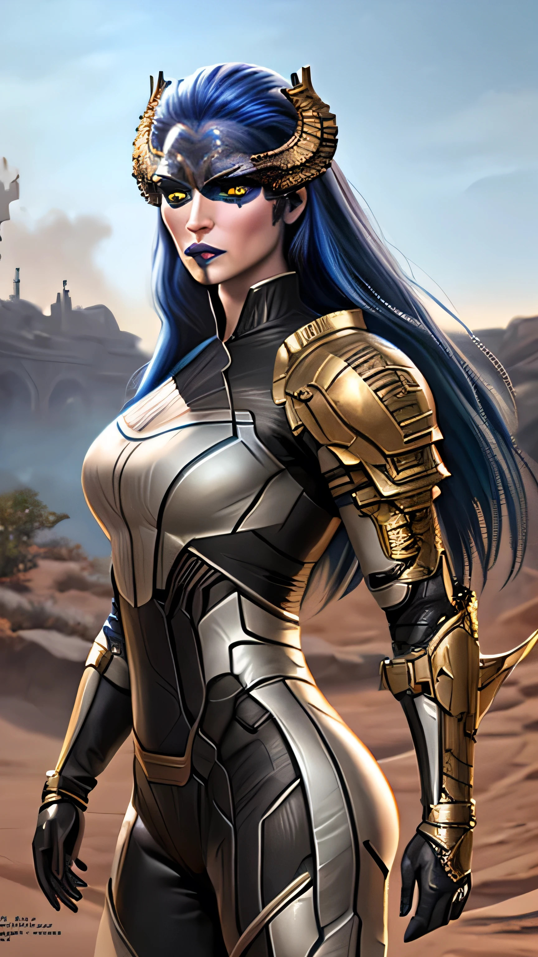 Proxima, long hair, blue hair, yellow eyes, colored skin, horns, lipstick, makeup, armor, (insanely detailed, beautiful detailed face, masterpiece, best quality), cinematic lighting, 1woman, solo, cowboy shot, front view, looking at viewer, intricate, high detail, sharp focus, dramatic, photorealistic painting art by greg rutkowski