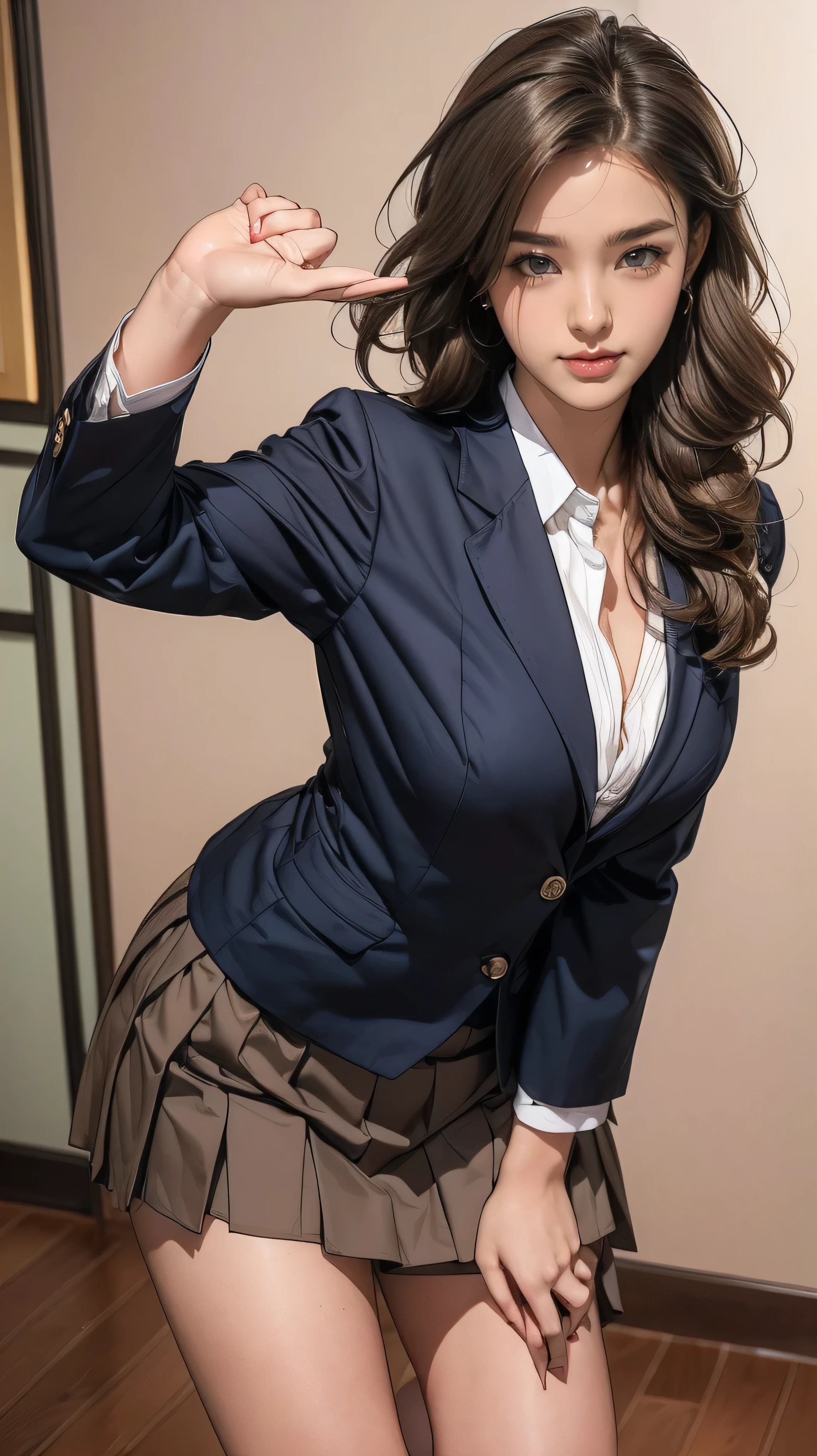 Ultra HD, high quality, 最high quality, High resolution, realism)) 、Two beautiful white women、Hair Color: Blonde、Blue Idea Hair、Straight Hair、smile、A slim but well-proportioned muscular body、An athletic physique、((Super long brown hair reaching to her knees:1.4)),((Hair with loose waves inside:1.4)), ((tight blazer is worn with formal shirt on female upper body_mini pleated skirt :1.3)),((standing gracefully:1.6)), ((chest thrusting pose, chest bragging pose:1.5))