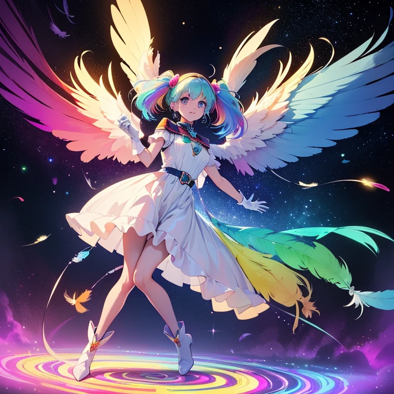 (a bit: 1.2), (masterpiece: 1.4), (Best Quality: 1.4), (She is fused with a Gundam mecha from the future.:1.4), (Very cute angel girl, Ultra detailed face, Jewel-like eyes, White very long hair, Colorful gradient hair: 1.4),Put on head gear, With V-fin ,Mechanical Wings, (whole body:1.5, Two perfect arms, Perfect two legs: 1.4), (Four perfect fingers: ), Light, Shine, Bokeh, Super Fine, Watching the audience,Focus on the eyes　star,Wide viewing angle,Low angle,彗star,milky way,((Archangel　Fantasy　Rainbow Hair　Dye the inside of your hair rainbow colors　Twin tails　Dull blue eyes))　((Has a galaxy　Uniform　Put on a coat without putting your arms through it))　(((Wings many times larger than mine　Rainbow gradient feathers　Glass Feather)))　Pillar of Light　Cyberpunk　Smiling Kindly　Front　Low Angle))　((tears　gloves))　(Broken glass　Rolling Pebble　Distorted Space-Time　star)　Catching the Wind　milky way　Shine背景　Particles of light　Iridescent Edge　Shineエッジ　star,Wide viewing angle,High Position,彗star,milky way,Watching from a distance,Blue snake hair accessory,Blue snake figurine,blue snake earrings.White short boots