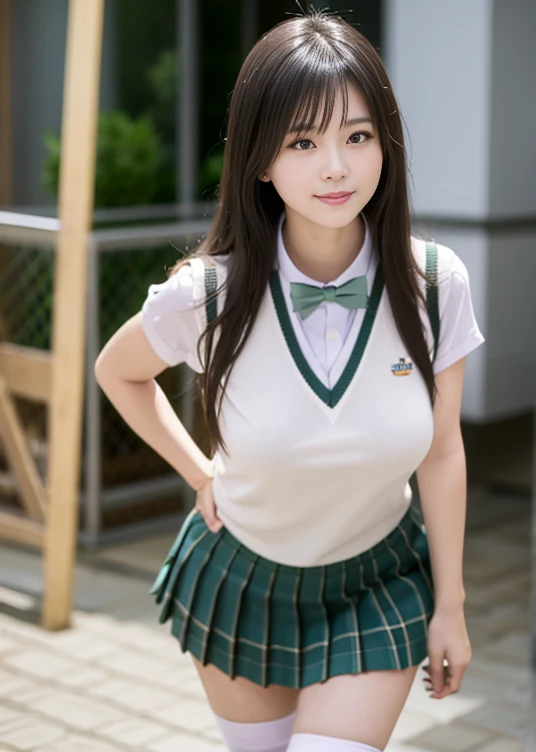 Woman posing for a photo, ((whole bodyショット)), The most beautiful Japanese models, 17 year old female model, 4k、bangs、(((smile))), (Semi-long hair), 非対称なbangs, Straight hair、(White shirt, Green tie , Dark blue pleated mini skirt:1.2),　(Idol-like and super cute face:1.4), whole body, Slim and beautiful figure, sexy, Beautiful breasts, Laughter, The background is a row of fresh green trees, (Raw photo, highest quality, masterpiece, Ultra-detailed, Ultra-high resolution, Realistic),