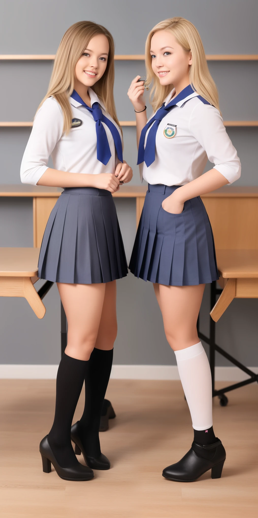 Almost Identical Twin Stepdaughters Alexis Texas, long blonde hair, white skin, 2 full body twins, masterpiece, a beautiful schoolgirl, long blonde hair (library background) erotic photoshoot, both 2girls bent over the same desk, from front side, front view, looking to viewer, girlscout uniform, shackles on legs, cow bell on neck, happy face