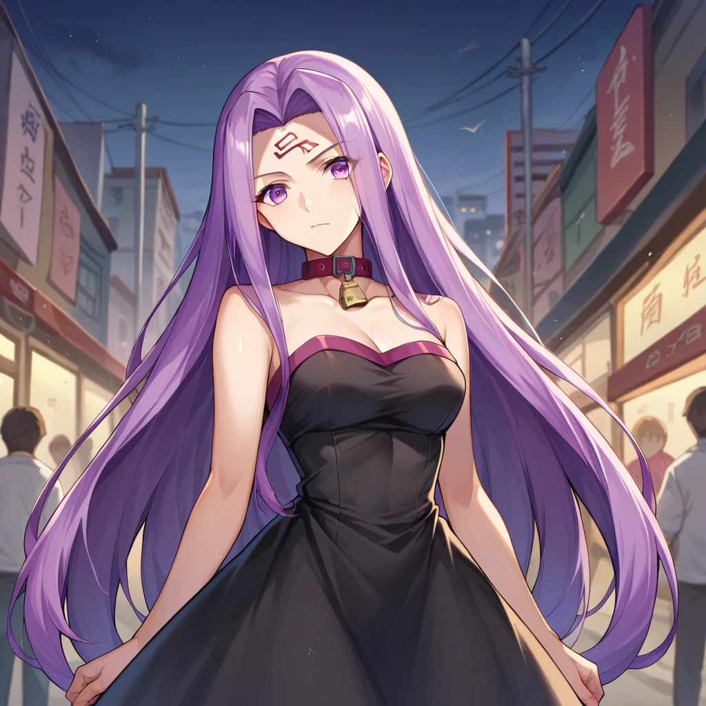 Score_9, Score_8_up, Score_7_up, sauce_anime, Medasa Rider, Ride Medusa, Long Hair, very Long Hair, Purple Hair, Facial marks, Forehead mark Taihai, dress, Clevis, Shoulder, Sleeveless, black dress, collar, Strapless, Strapless dress, Blindfold, ((背景はリアル系anime風に, Outdoor, Harbour Street, Dark Night, Jump over the city, Dynamic posing)), looking at viewer, Combat Ready, arms, Lock, knife,