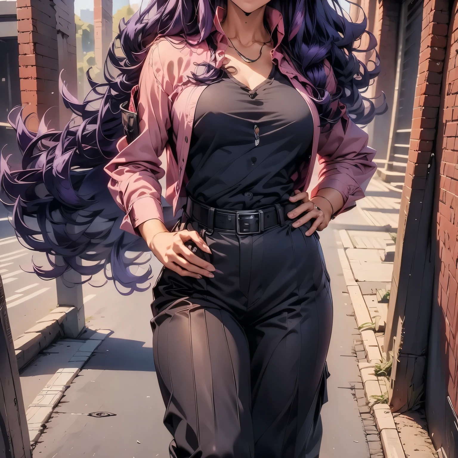 4k, HDR, full HD, Masterpiece, 1girl, solo, long purple hair, perfect anatomy, full body, open shirt, pink shirt, sleeves rolled up to the elbow, black women's dress pants, leather belt, standing with a hand on waist, with a challenging attitude, beautiful smile,