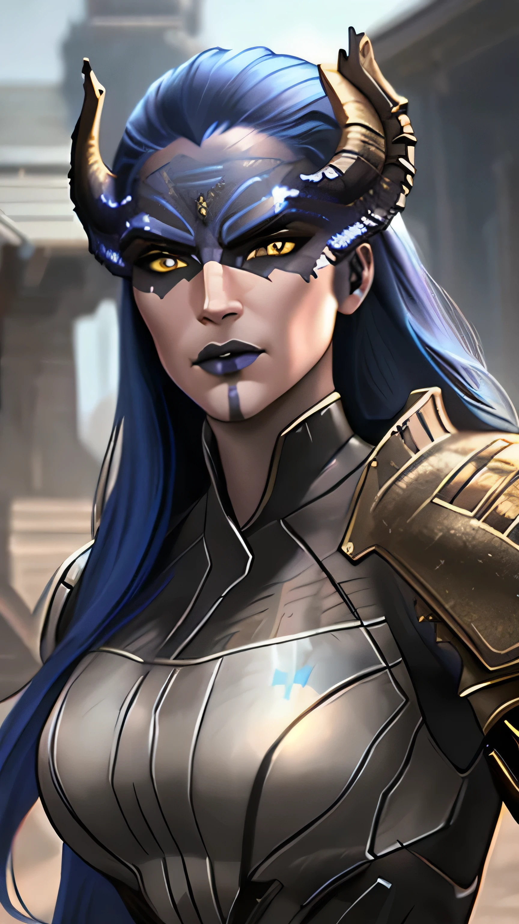 Proxima, long hair, blue hair, yellow eyes, colored skin, horns, lipstick, makeup, armor, (insanely detailed, beautiful detailed face, masterpiece, best quality), cinematic lighting, 1woman, solo, cowboy shot, front view, looking at viewer, intricate, high detail, sharp focus, dramatic, photorealistic painting art by greg rutkowski