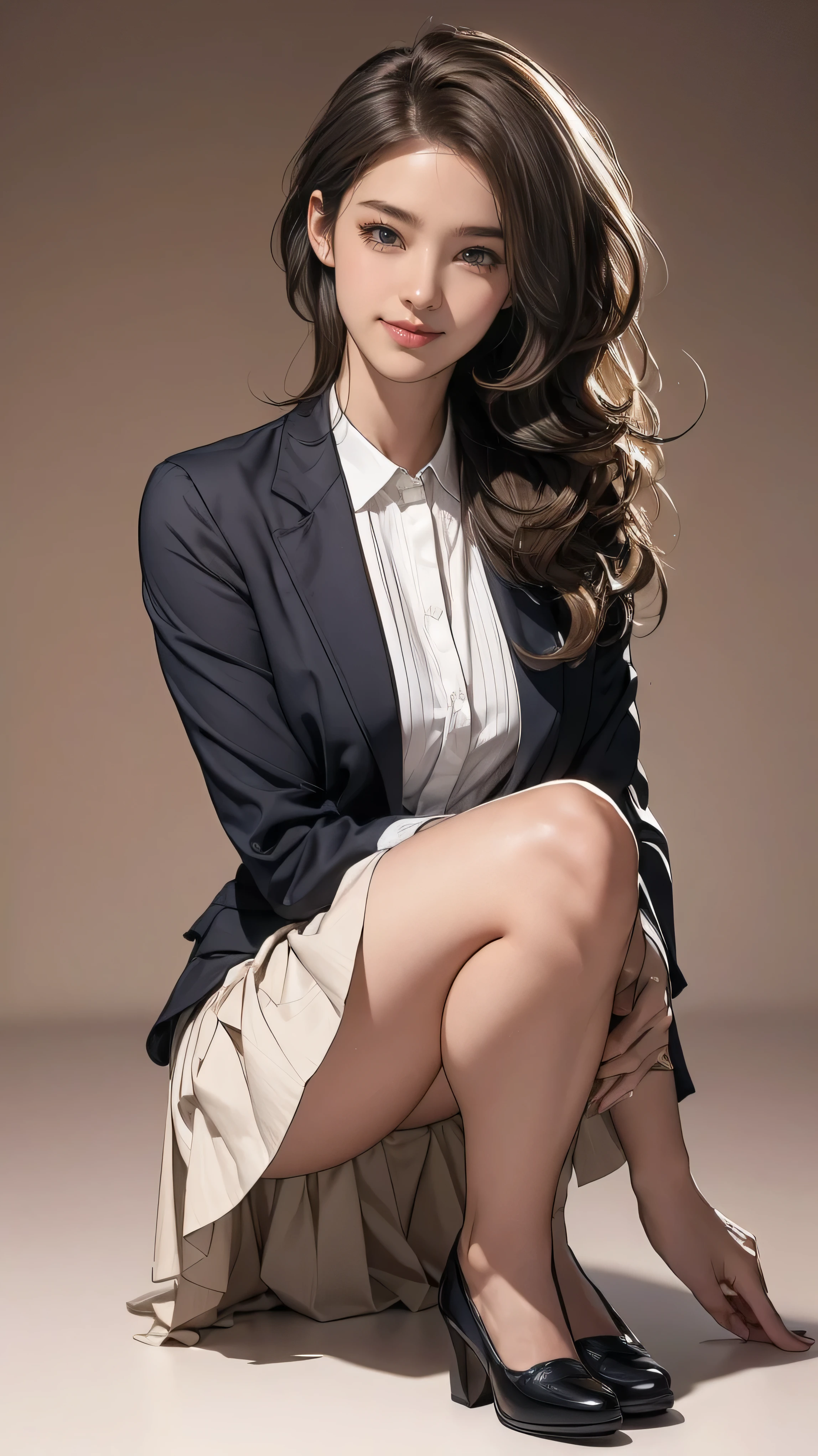 Ultra HD, high quality, 最high quality, High resolution, realism)) 、Two beautiful white women、Hair Color: Blonde、Blue Idea Hair、Straight Hair、smile、A slim but well-proportioned muscular body、An athletic physique、((Super long brown hair reaching to her knees:1.4)),((Hair with loose waves inside:1.4))((standing gracefully:1.6))、((shy smile:1.5))((wearig tight blazer with white formal shirt _mini pleated skirt :1.3)),