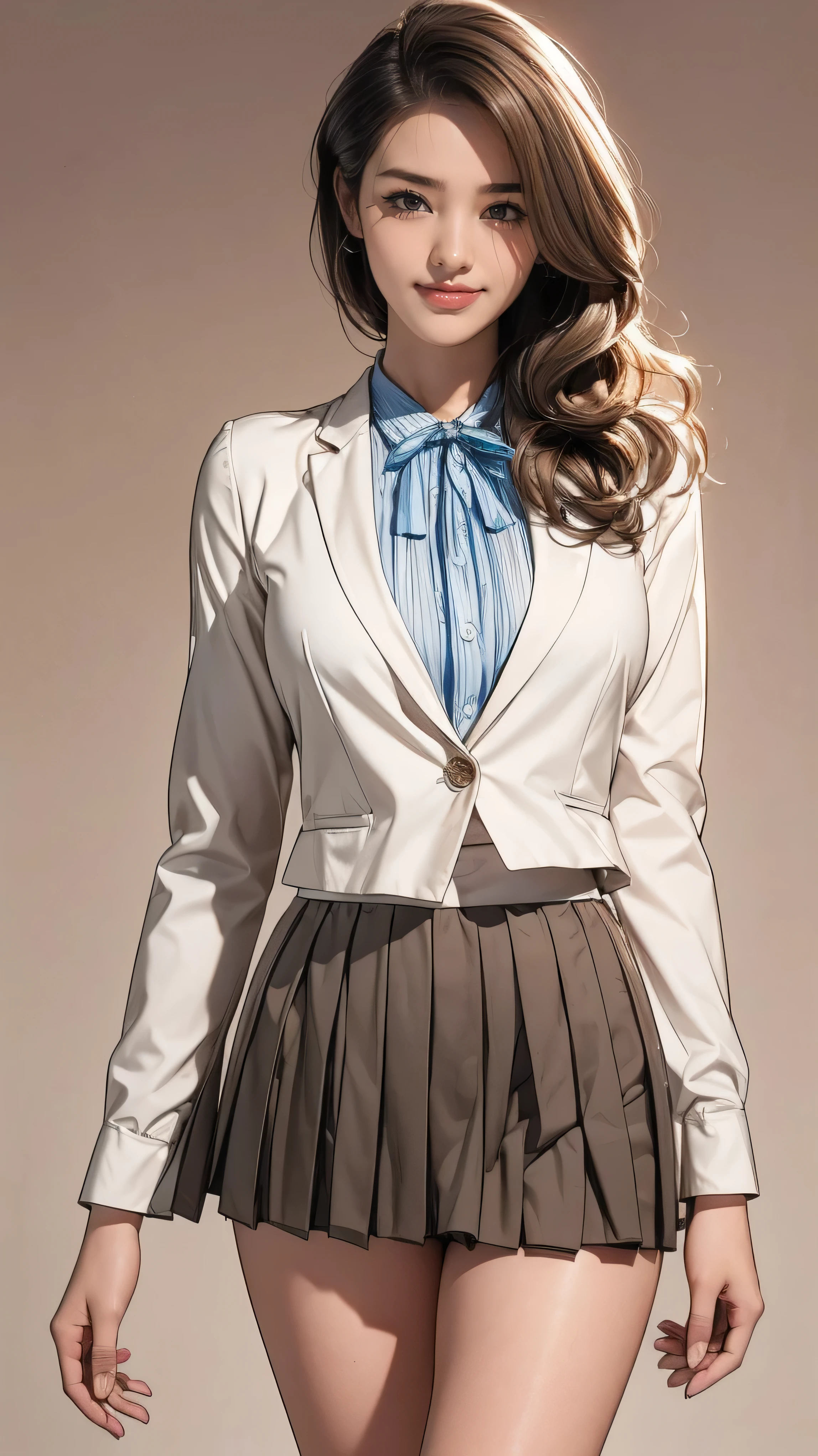 Ultra HD, high quality, 最high quality, High resolution, realism)) 、Two beautiful white women、Hair Color: Blonde、Blue Idea Hair、Straight Hair、smile、A slim but well-proportioned muscular body、An athletic physique、((Super long brown hair:1.4)),((Hair with loose waves inside:1.4))((standing gracefully:1.6))、((shy smile:1.5))((wearig tight blazer with white formal shirt _mini pleated skirt :1.3)),