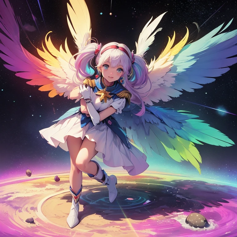 (a bit: 1.2), (masterpiece: 1.4), (Best Quality: 1.4), (She is fused with a Gundam mecha from the future.:1.4), (Very cute angel girl, Ultra detailed face, Jewel-like eyes, White very long hair, Colorful gradient hair: 1.4),Put on head gear, With V-fin ,Mechanical Wings, (whole body:1.5, Two perfect arms, Perfect two legs: 1.4), (Four perfect fingers: ), Light, Shine, Bokeh, Super Fine, Watching the audience,Focus on the eyes　star,Wide viewing angle,Low angle,彗star,milky way,((Archangel　Fantasy　Rainbow Hair　Dye the inside of your hair rainbow colors　Twin tails　Dull blue eyes))　((Has a galaxy　Uniform　Put on a coat without putting your arms through it))　(((Wings many times larger than mine　Rainbow gradient feathers　Glass Feather)))　Pillar of Light　Cyberpunk　Smiling Kindly　Front　Low Angle))　((tears　gloves))　(Broken glass　Rolling Pebble　Distorted Space-Time　star)　Catching the Wind　milky way　Shine背景　Particles of light　Iridescent Edge　Shineエッジ　star,Wide viewing angle,High Position,彗star,milky way,Watching from a distance,Blue snake hair accessory,Blue snake figurine,blue snake earrings.White short boots