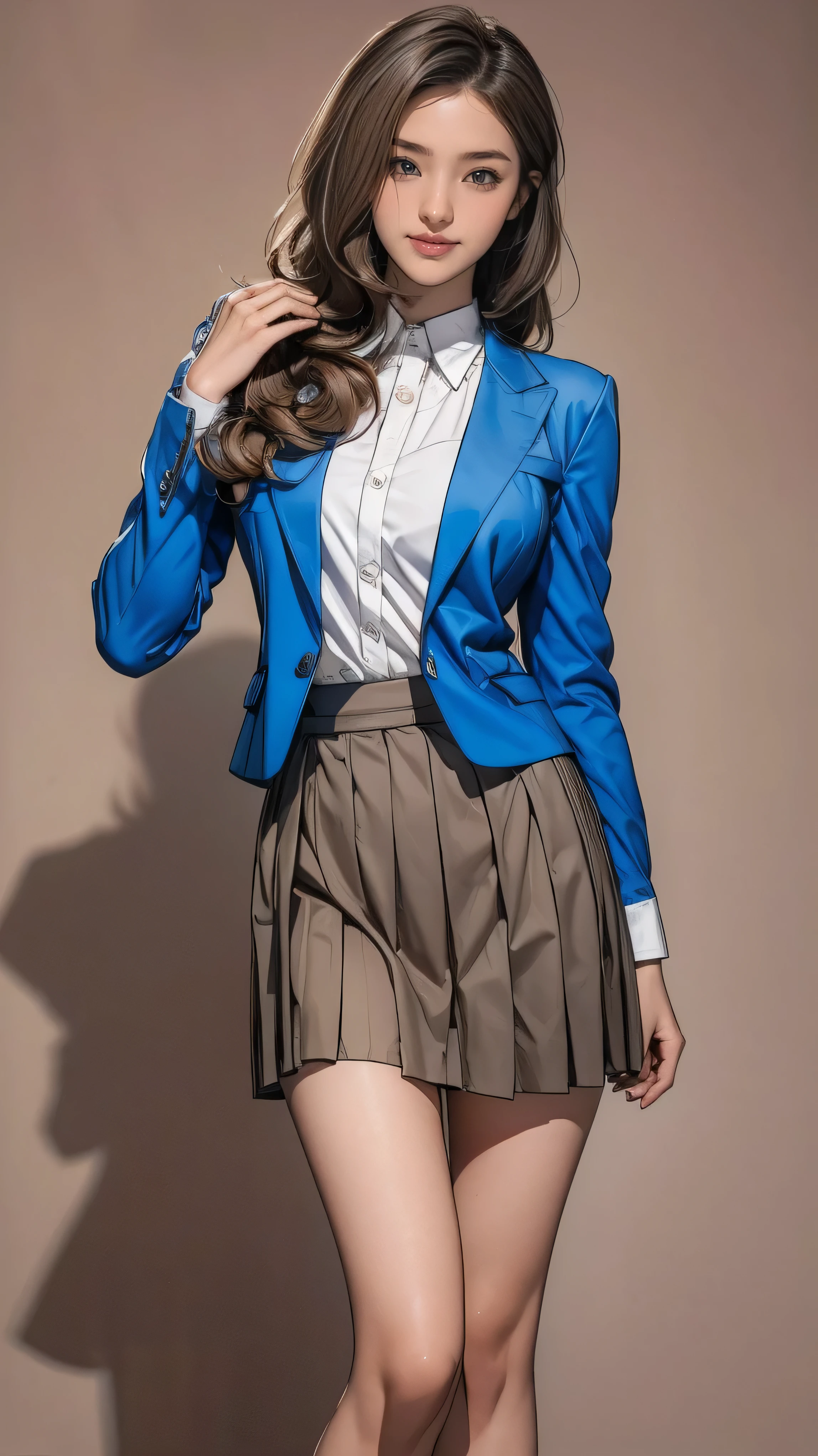 Ultra HD, high quality, 最high quality, High resolution, realism)) 、Two beautiful white women、Hair Color: Blonde、Blue Idea Hair、Straight Hair、smile、A slim but well-proportioned muscular body、An athletic physique、((Super long brown hair:1.4)),((Hair with loose waves inside:1.4))((standing gracefully:1.6))、((shy smile:1.5))((wearig tight blue blazer with white formal shirt _mini blue pleated skirt :1.3)),