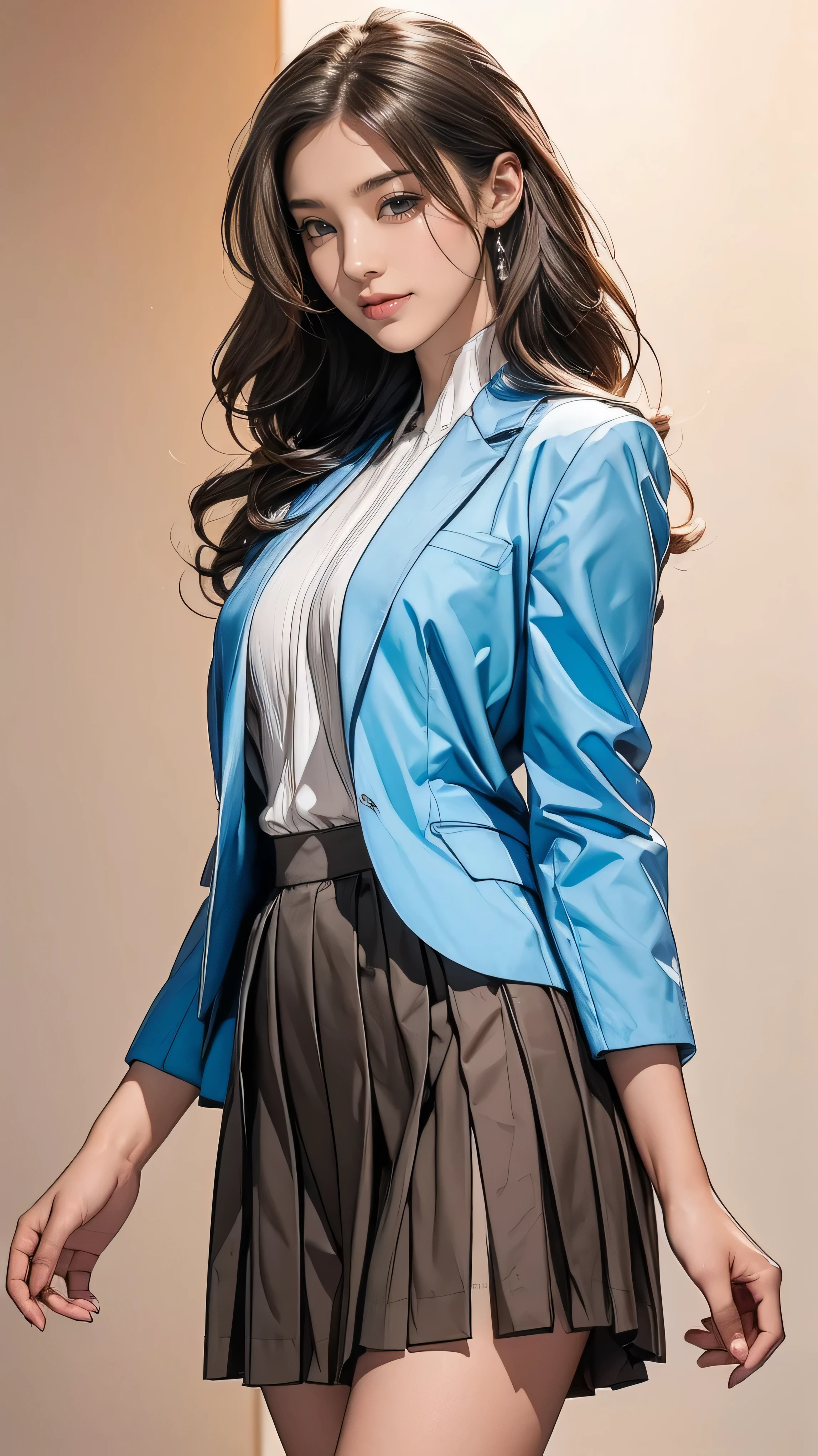 Ultra HD, high quality, 最high quality, High resolution, realism)) 、Two beautiful white women、Hair Color: Blonde、Blue Idea Hair、Straight Hair、smile、A slim but well-proportioned muscular body、An athletic physique、((Super long brown hair:1.4)),((Hair with loose waves inside:1.4))((standing gracefully:1.6))、((shy smile:1.5))((wearig tight blue blazer with white formal shirt _mini blue pleated skirt :1.3)),