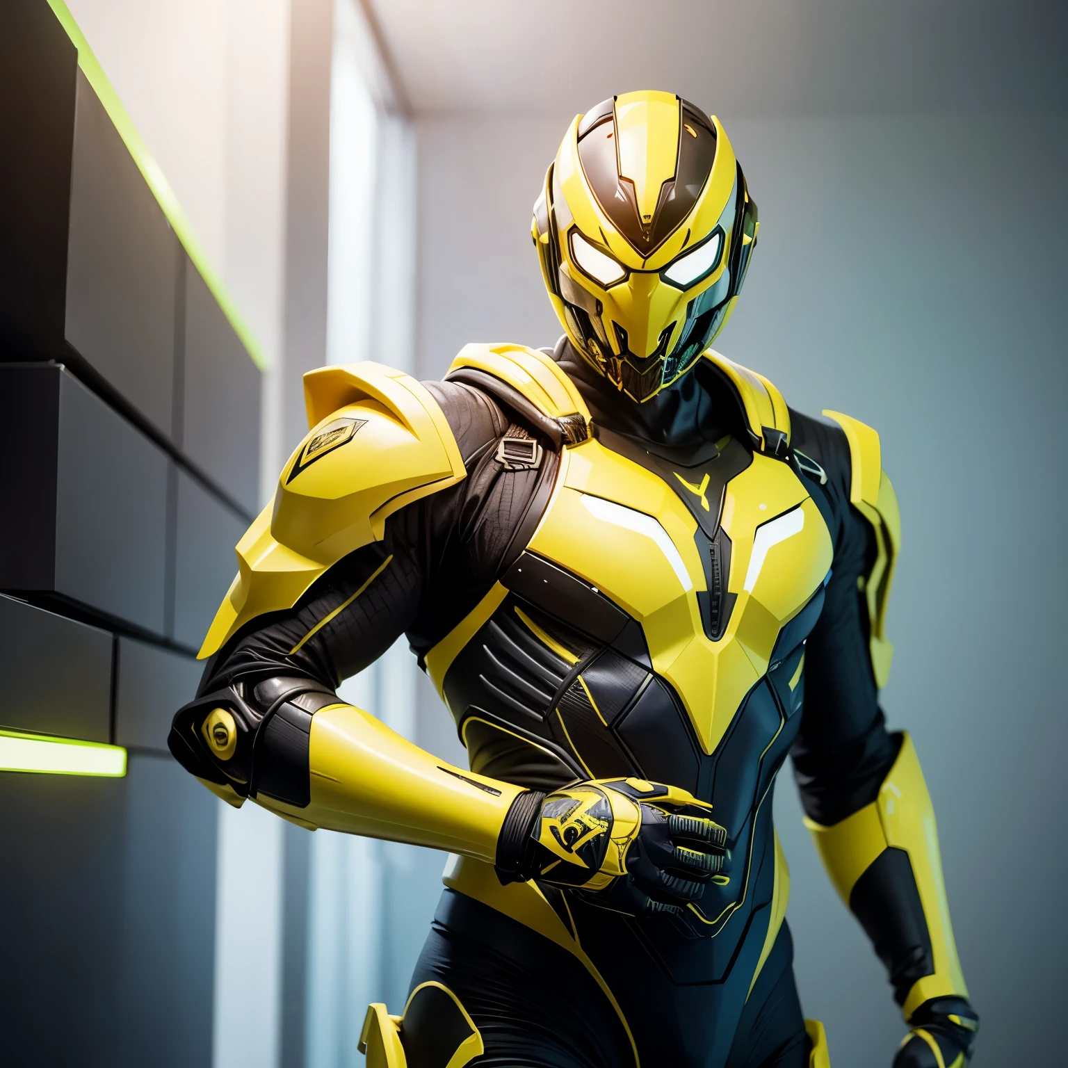 cyrax, yellow robot, male, yellow, green shiny eyes, yellow armor