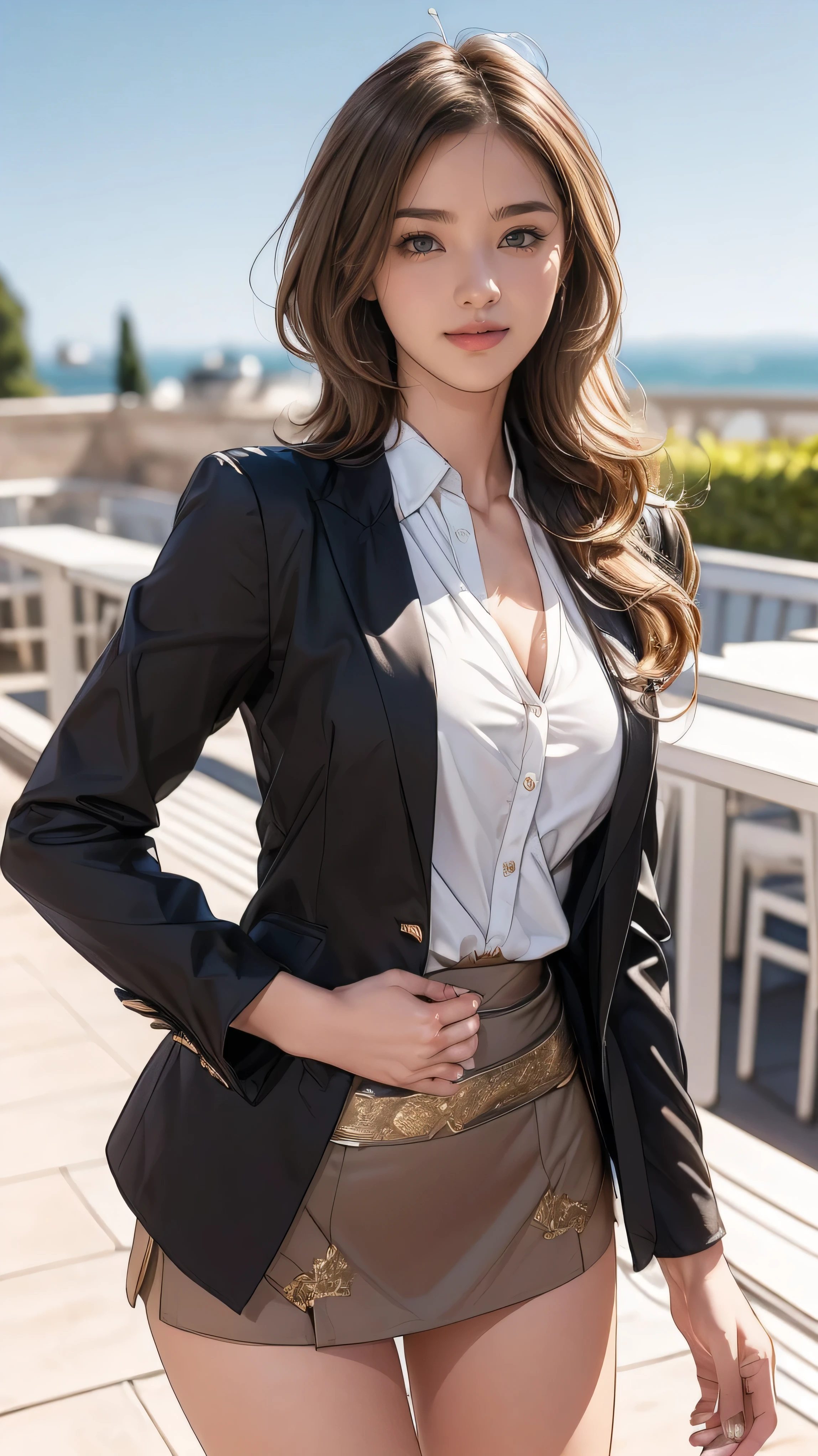 Ultra HD, high quality, 最high quality, High resolution, realism)) 、Two beautiful white women、Hair Color: Blonde、Blue Idea Hair、Straight Hair、smile、A slim but well-proportioned muscular body、An athletic physique、((Super long brown hair:1.4)),((Hair with loose waves inside:1.4))((standing gracefully:1.6))、((shy smile:1.5))((On the open terrace of the cafe, blurred background:1.3))((wearig tight blazer _fomal blouse _mini skirt:1.5))