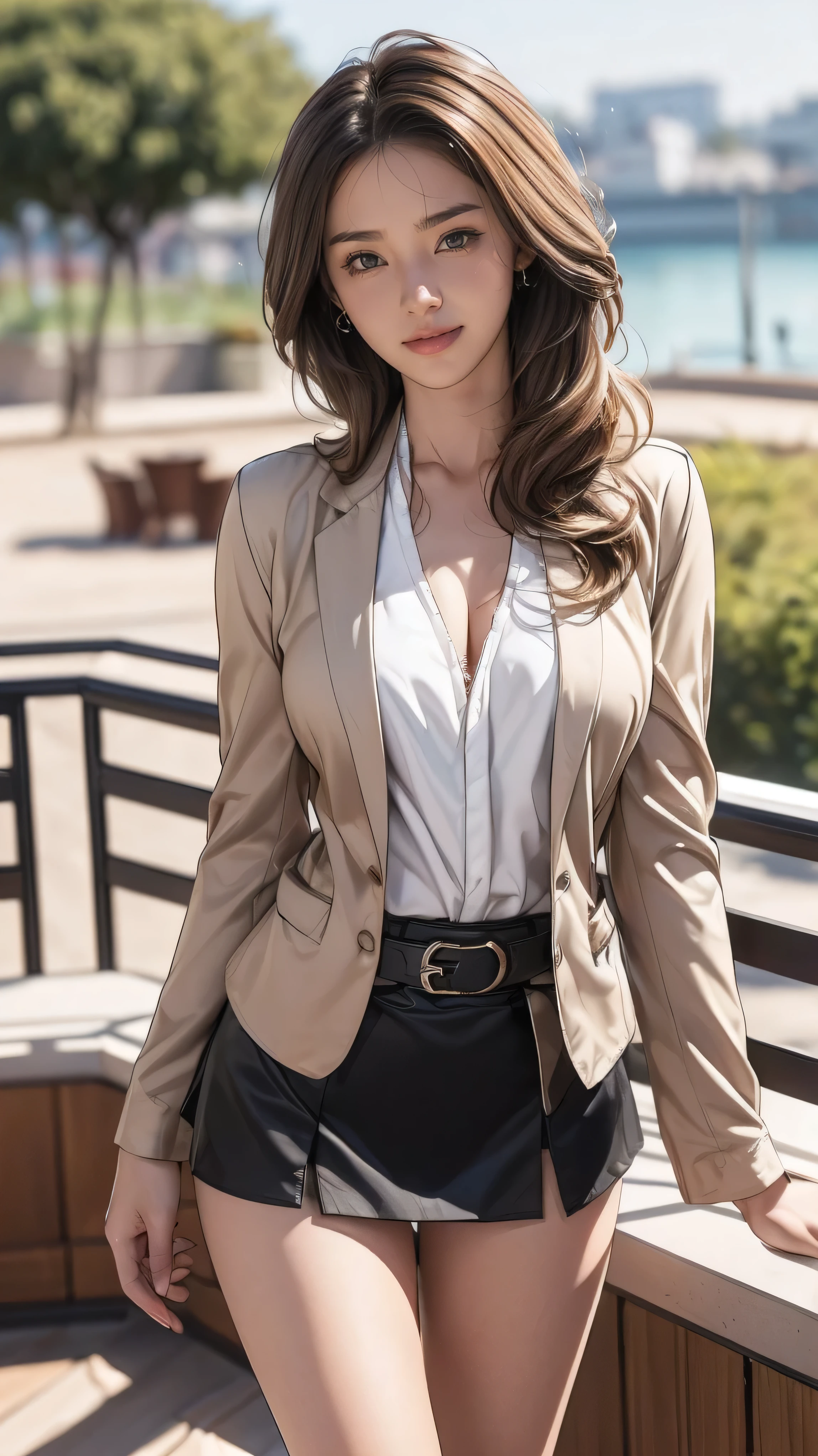 Ultra HD, high quality, 最high quality, High resolution, realism)) 、Two beautiful white women、Hair Color: Blonde、Blue Idea Hair、Straight Hair、smile、A slim but well-proportioned muscular body、An athletic physique、((Super long brown hair:1.4)),((Hair with loose waves inside:1.4))((standing gracefully:1.6))、((shy smile:1.5))((On the open terrace of the cafe, blurred background:1.3))((wearig tight blazer _fomal blouse _mini skirt_black belt:1.5))