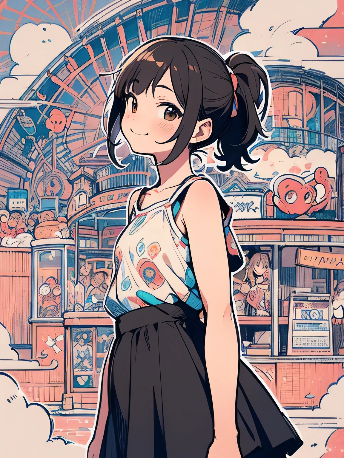 sideview,(Alone),upperbody,brown short low ponytail,long sideburn,((bluntbangs:1.3)),cute smile,camisole、Micro Mini Skirt、Absolute territory、Black Knee High、Fancy Pouch、amusement park、Ferris Wheel、Merry-go-round、(manga style),(sketch),(illustration),