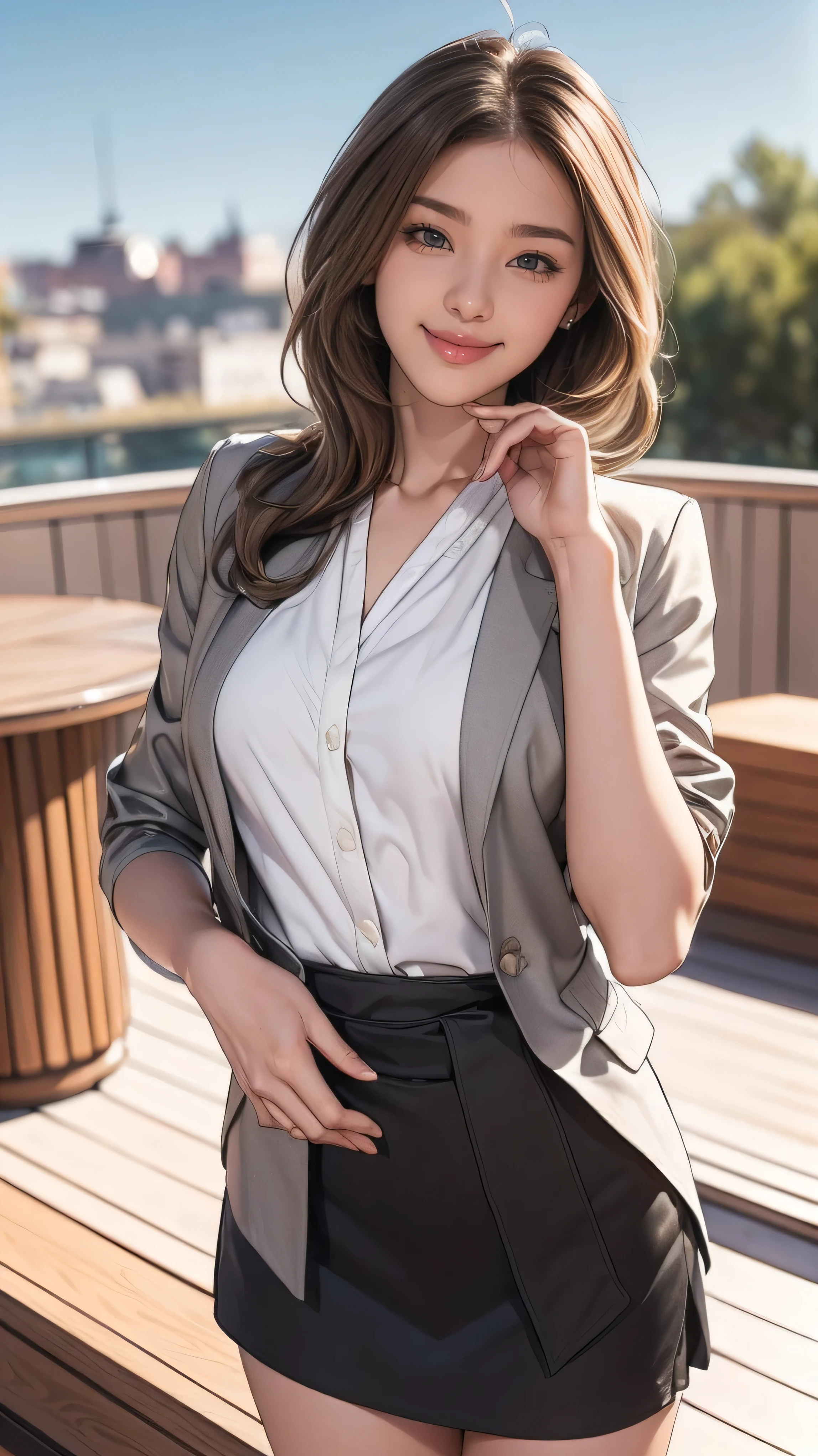Ultra HD, high quality, 最high quality, High resolution, realism)) 、Two beautiful white women、Hair Color: Blonde、Blue Idea Hair、Straight Hair、smile、A slim but well-proportioned muscular body、An athletic physique、((Super long brown hair:1.4)),((Hair with loose waves inside:1.4))((standing gracefully:1.6))、((shy smile:1.5))((On the open terrace of the cafe, blurred background:1.3))((wearig tight blazer _fomal blouse _mini flared skirt_black belt:1.5))((Place your left hand gently on your chin:1.5))