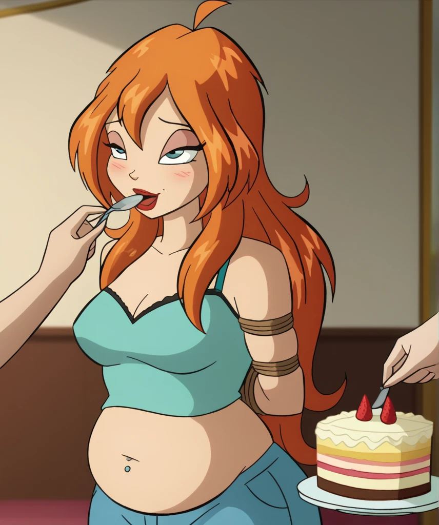 Tall bl_oom, 1girl, Original Source,  ginger hair, blue eyes, bloom tied up to a chair, ( her hand tied up from behind her ), red lips,ahegao, Big Chubby Belly, Fat Rolls, Fattened, Half closed eyes, unpromin Stretch_marks, Feeding, A Cake Pour it her mouth down, Cake sauce Dripping corner of her mouth, chubby belly, dripping_chocalate, belly button piercing,gained some weight,fleshy belly rolls, Chubby Body , breast , jiggling plump body,wearing a Bra and leggings, get chubbier, tight, score_9, score_8_up, score_7_up, Ultra Detailed, HD, Detailed Belly, Detailed Face, her hands tied up from her behinds.