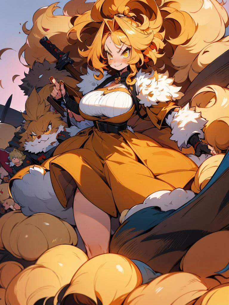 Anime, 1 girl, dijon-colored hair, huge fluffy hairstyle, lemon colored eyes, angry face, angry smile, busty, gorgeous plump body, burnt-umber colored coat, fluffy coat, tight red bustier, Hunter belt, fluffy mini shorts, plump tighs, fluffy boots, large tail, Holding a gigantic sword