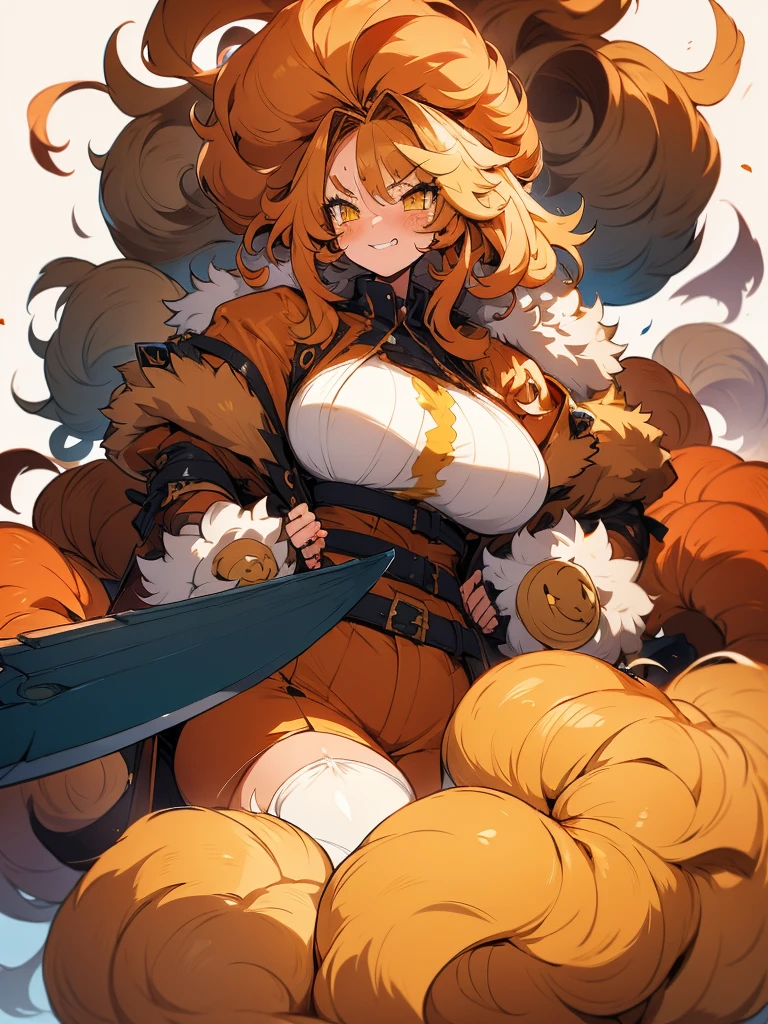 Anime, 1 girl, dijon-colored hair, huge fluffy hairstyle, lemon colored eyes, angry face, angry smile, busty, gorgeous plump body, burnt-umber colored coat, fluffy coat, tight red bustier, Hunter belt, fluffy mini shorts, plump tighs, fluffy boots, large tail, Holding a gigantic sword