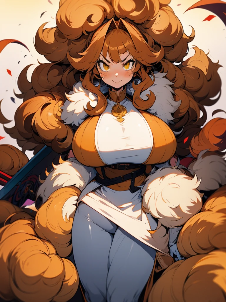 Anime, 1 girl, dijon-colored hair, huge fluffy hairstyle, lemon colored eyes, angry face, angry smile, busty, gorgeous plump body, burnt-umber colored coat, fluffy coat, tight red bustier, Hunter belt, fluffy mini shorts, plump tighs, fluffy boots, large tail, Holding a gigantic sword