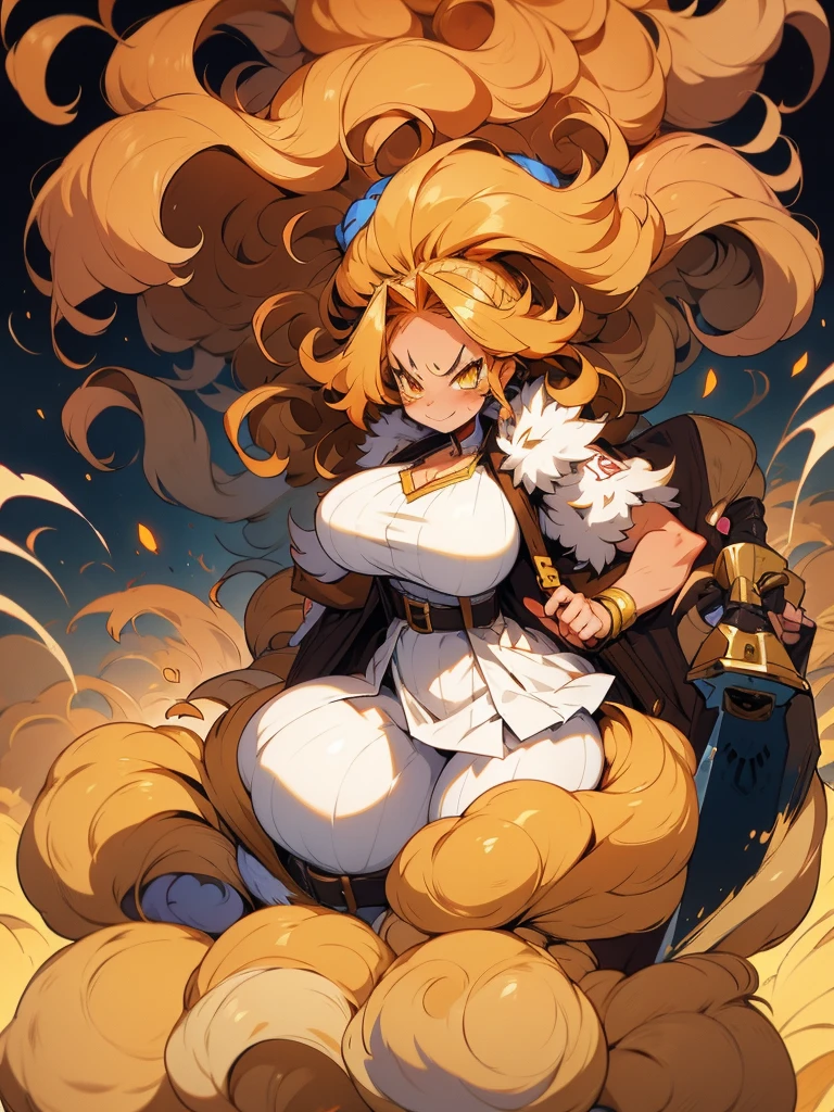 Anime, 1 girl, dijon-colored hair, huge fluffy hairstyle, lemon colored eyes, angry face, angry smile, busty, gorgeous plump body, burnt-umber colored coat, fluffy coat, tight red bustier, Hunter belt, fluffy mini shorts, plump tighs, fluffy boots, large tail, Holding a gigantic sword