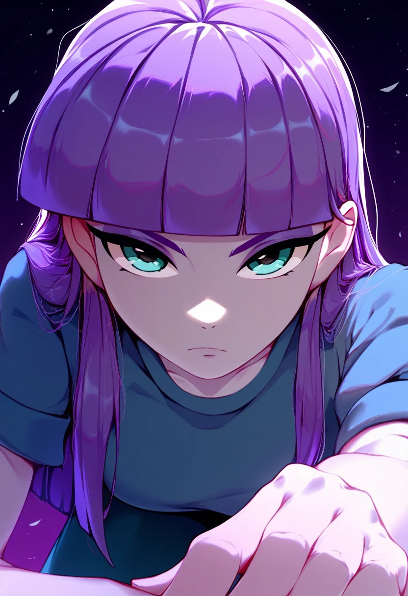 (Maud Pie) character, Maud Pie, equestria girls, beautiful girl, Long hair, fringe, Purple hair</input></xml>, light gray skin, blue eyes, purple eyeshadow, white t-shirt, character mirando hacia arriba, top-down perspective, showing something with the hand, serious guy, night atmosphere, Looking at the camera