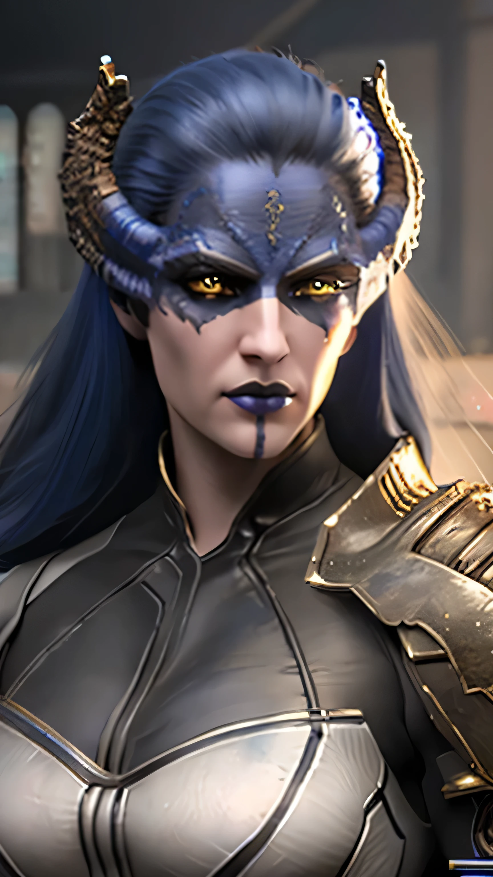 Proxima, long hair, blue hair, yellow eyes, colored skin, horns, lipstick, makeup, armor, (insanely detailed, beautiful detailed face, masterpiece, best quality), cinematic lighting, 1woman, solo, cowboy shot, front view, looking at viewer, intricate, high detail, sharp focus, dramatic, photorealistic painting art by greg rutkowski