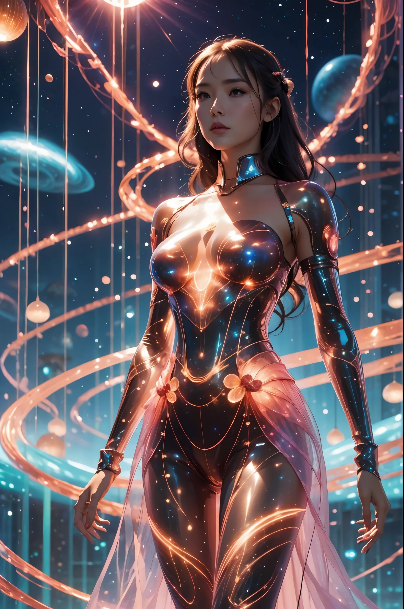 An ultra hot gorgeous thai woman, long dark flowing hair, known as a popular playmate and men's magazine model, portrayed as a fierce female space ranger in a dynamic action pose. She is dressed in a sleek, form-fitting pink space suit with futuristic details, standing confidently with a laser blaster in hand against a backdrop of stars and galaxies in the vast cosmic expanse. The lighting accentuates her features and adds a sense of drama to the scene.
