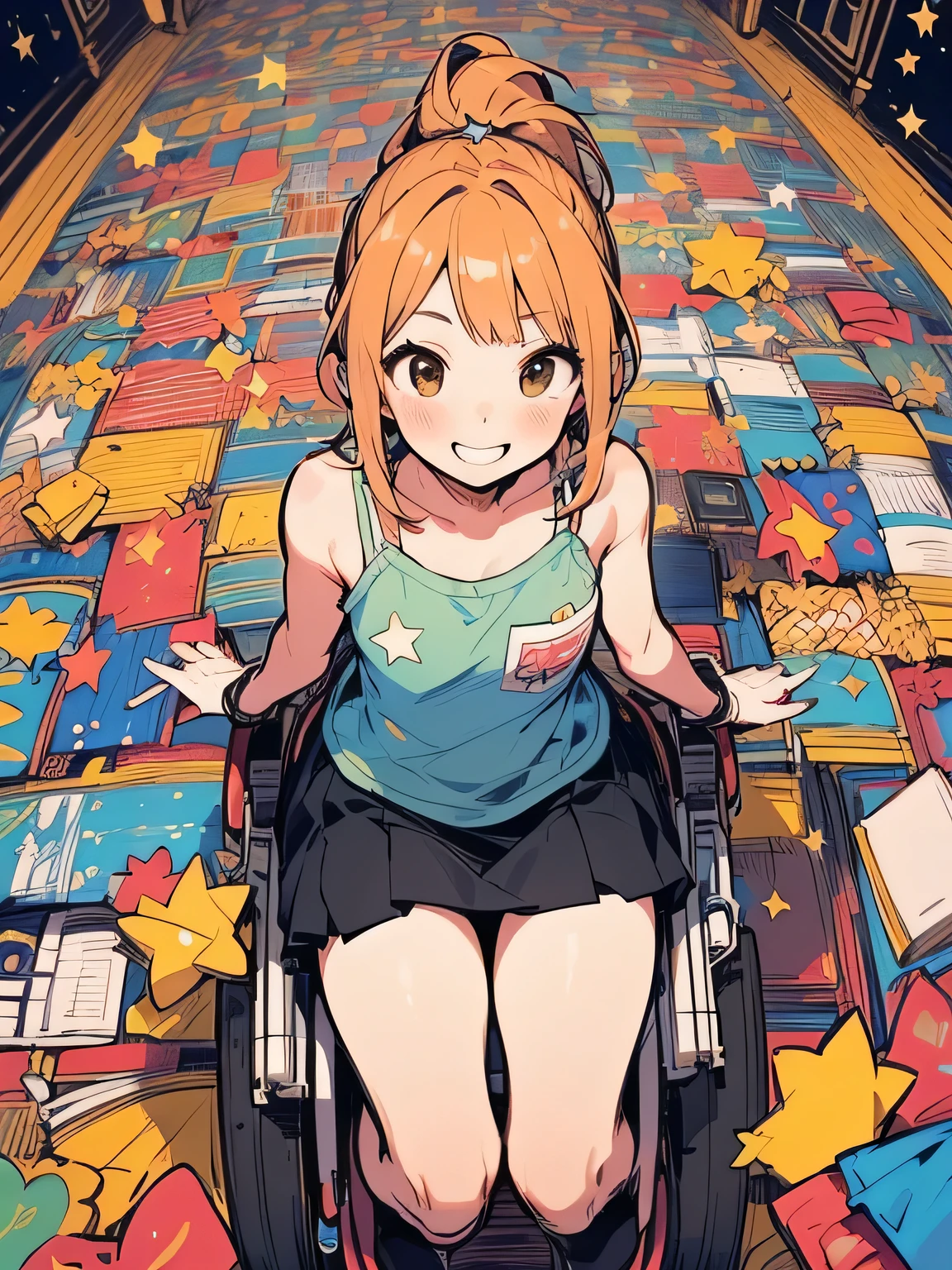 (from above:1.3),(Alone),upperbody,brown short low ponytail,long sideburn,((bluntbangs:1.3)),cute smile,camisole、Micro Mini Skirt、Absolute territory、Black Knee High、Fancy Pouch、amusement park、((Riding a merry-go-round horse))、(I am the star:1.3),(manga style),(sketch),(illustration),