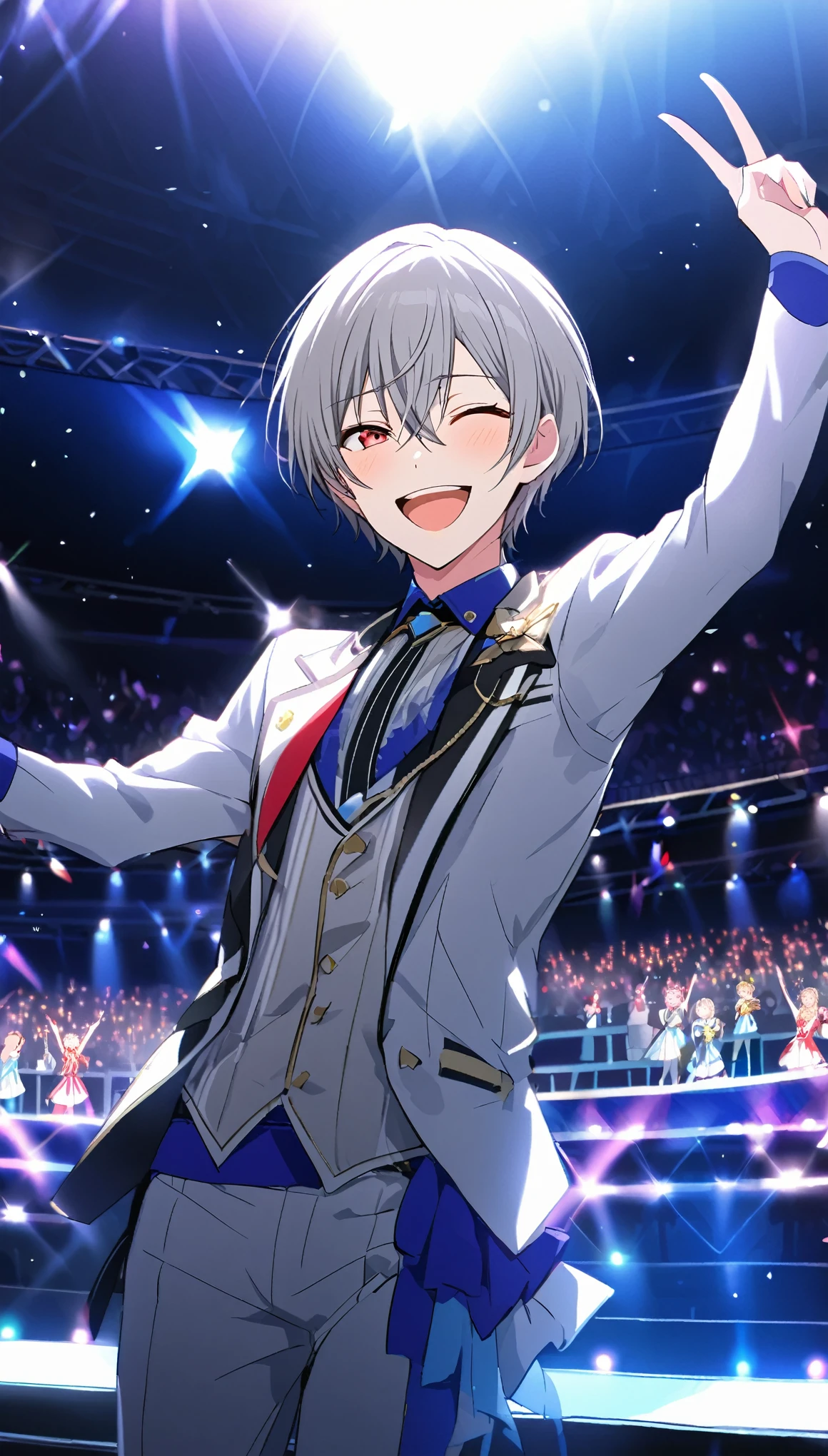 good looking, Alone, 1 male, Gray Hair, Red eyes, Idol, night, White Light,cute目,Short hairstyle,cute,Falling from the sky,Beautiful stage,A large audience,A sparkling view,bright,Blue Sky,Looking at the camera,smile,Laughing,Idolのような衣装,Live,Making a peace sign,男性Idol,