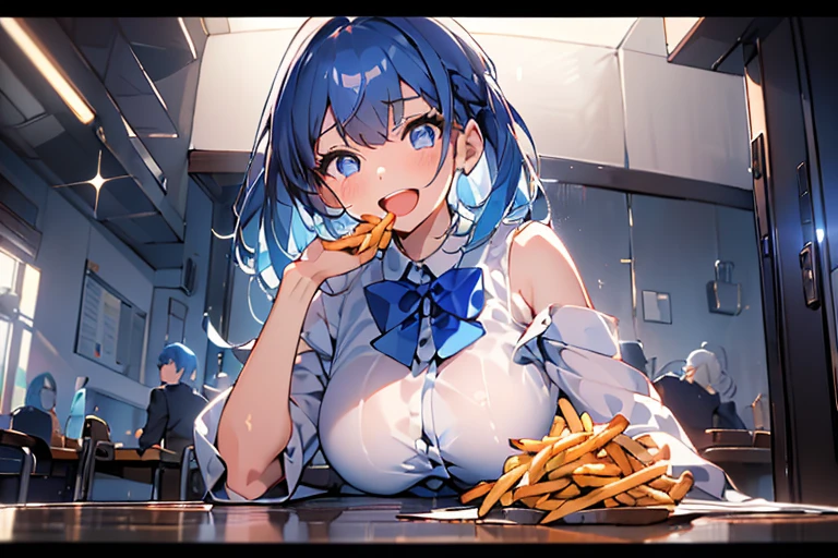 (from below:1.2),(((beautiful detailed)))、(cute face:1.2)1girl, A girl stuffing her face with french fries, Girl crying while eating a pile of french fries, light Navy blue hair, blue eyes, A short-sleeved white shirt with four vertical bow ties, hard areolas, protruding areolas,Ahoge, long bob cut with fluffy hair(sharp lines:1.2)(clear line:1.2)(eye details:1.3)(thick border:1.4), limited palette((masterpiece, high quality, best quality))(low contrast: 0.5),Anna yanami, blue hair, blue eyes, school uniform, makeine, too many losing heroines,Anna yanami,((the tip is protruding, areolas protruding, blue hair, blue eyes, school uniform, makeine, too many losing heroines,narrow waist,(with sparkling eyes and a contagious smile), open mouth, looking at viewer, 