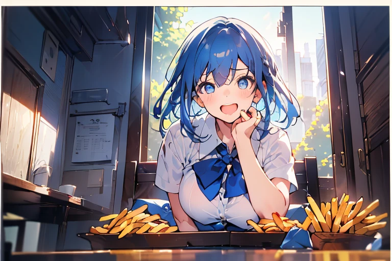 (from below:1.2),(((beautiful detailed)))、(cute face:1.2)1girl, A girl stuffing her face with french fries, Girl crying while eating a pile of french fries, light Navy blue hair, blue eyes, A short-sleeved white shirt with four vertical bow ties, hard areolas, protruding areolas,Ahoge, long bob cut with fluffy hair(sharp lines:1.2)(clear line:1.2)(eye details:1.3)(thick border:1.4), limited palette((masterpiece, high quality, best quality))(low contrast: 0.5),Anna yanami, blue hair, blue eyes, school uniform, makeine, too many losing heroines,Anna yanami,((the tip is protruding, areolas protruding, blue hair, blue eyes, school uniform, makeine, too many losing heroines,narrow waist,(with sparkling eyes and a contagious smile), open mouth, looking at viewer, 