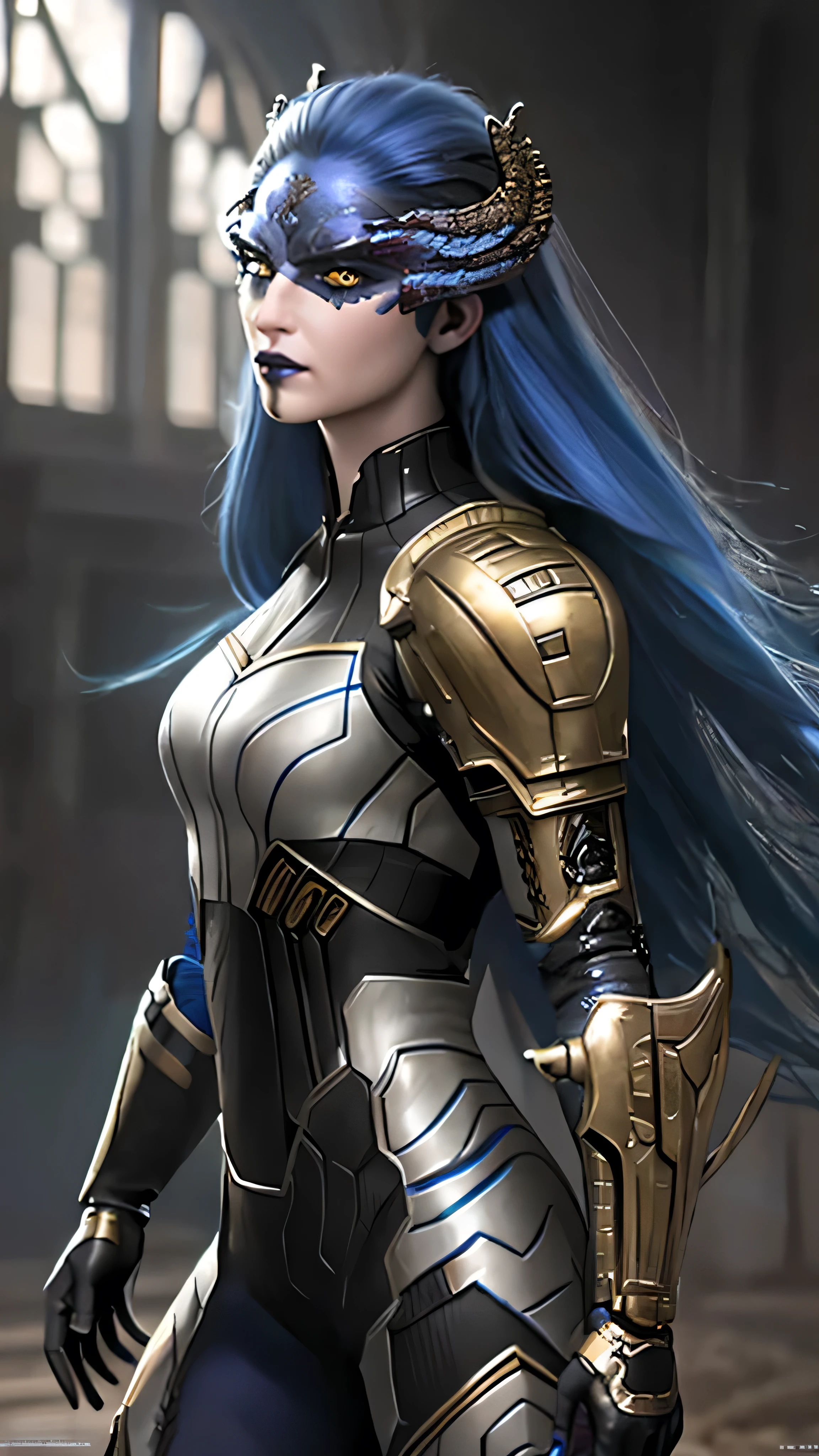 Proxima, long hair, blue hair, yellow eyes, colored skin, horns, lipstick, makeup, armor, (insanely detailed, beautiful detailed face, masterpiece, best quality), cinematic lighting, 1woman, solo, cowboy shot, front view, looking at viewer, intricate, high detail, sharp focus, dramatic, photorealistic painting art by greg rutkowski