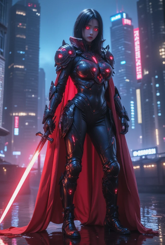 a cyberpunk female warrior in neon mecha armor, a female swordsman holding a sword, standing in a pool of blood, detailed face, glowing cybernetic eyes, dramatic lighting, neon city skyline in background, cinematic composition, highly detailed, dramatic lighting, neon colors,cyberpunk,science fiction
