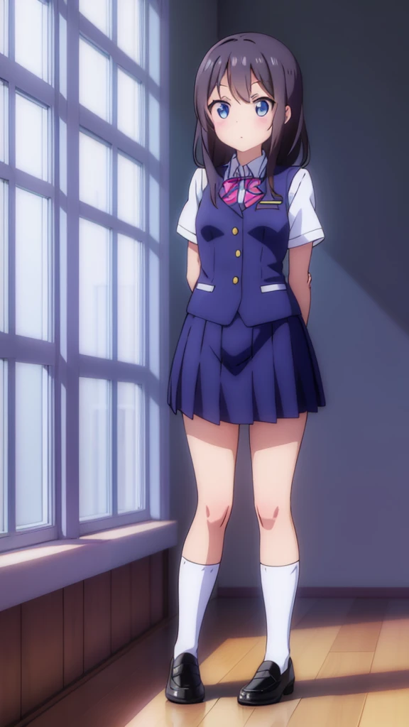 Standing with arms folded behind back、Anime girl in uniform wearing white crew socks and black loafers　Window