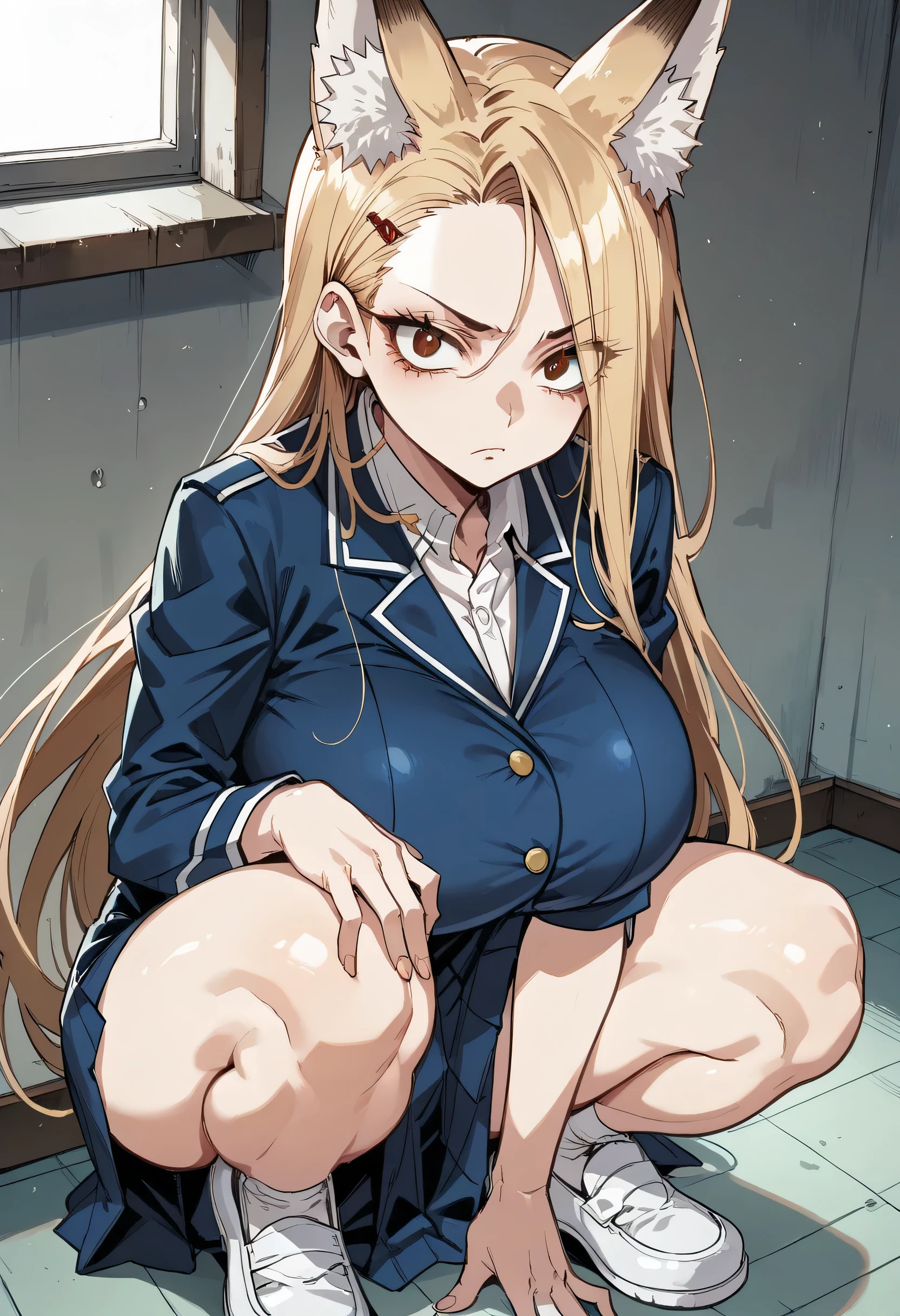 Cold Stare,(hi-quality,high resolution),((Fox Ears)),(((forehead,asymmetrical hair))),(((very turime,very long slit eyes))),(school uniform),((oblong face,squared face)),((huge breasts)),(((very narrow eyes))),((Clear Eyes,Perfect Eyes,brown eyes)),((clear lines)),Blonde,Long Hair,Old room,Delinquent Girl,gal, clothes are exposed,((anime)),(squatting),Place your arms on your legs,From above