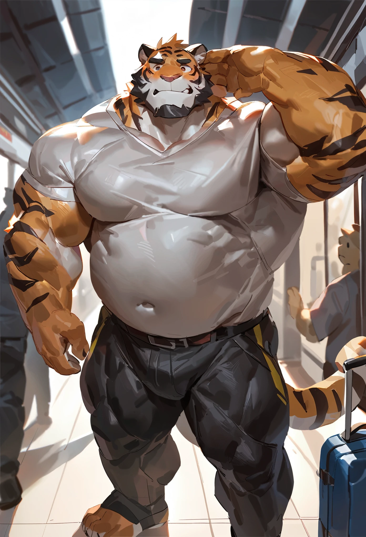 by lindong, bara tiger, tiger, 30 years old, large pectoral, wide pectoral, (massive pectoral muscles), strong physique, chubby, huge belly, perfect anatomy, masterpiece, black beard, strong jaw, giant biceps, White shirt and tight fitting trousers, Farewell to a friend at the station, Waving to the friend, the Friend stand far away, far apart from each other, My friend is standing in the distance holding a suitcase, (sad expression:1.5), at the entrance of the station, (duo:1.6), Back view, Deep depth of field, up view, semirealistic, full body, no cropped, Dynamic posture, Narrative sense, Movie Scene