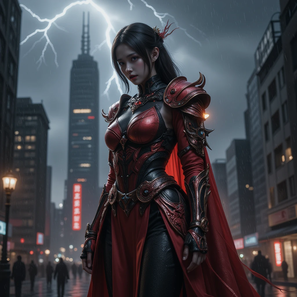 1 Japanese girl, battle armor, Intricate pattern, heavy metal, Energy lines, Faceless, Glowing eyes, elegant, Intense, blood red and black uniform, Solo, modern, City, Streets, Dark clouds, thunderstorm, heavy rain,, Dramatic lighting,, (Masterpiece:1.2), Best quality, high resolution, Beautiful detailed, Extremely detailed, Perfect lighting,