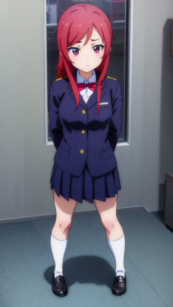 Standing with arms folded behind back、Anime girl in uniform wearing white crew socks and black loafers　Window　Red Hair