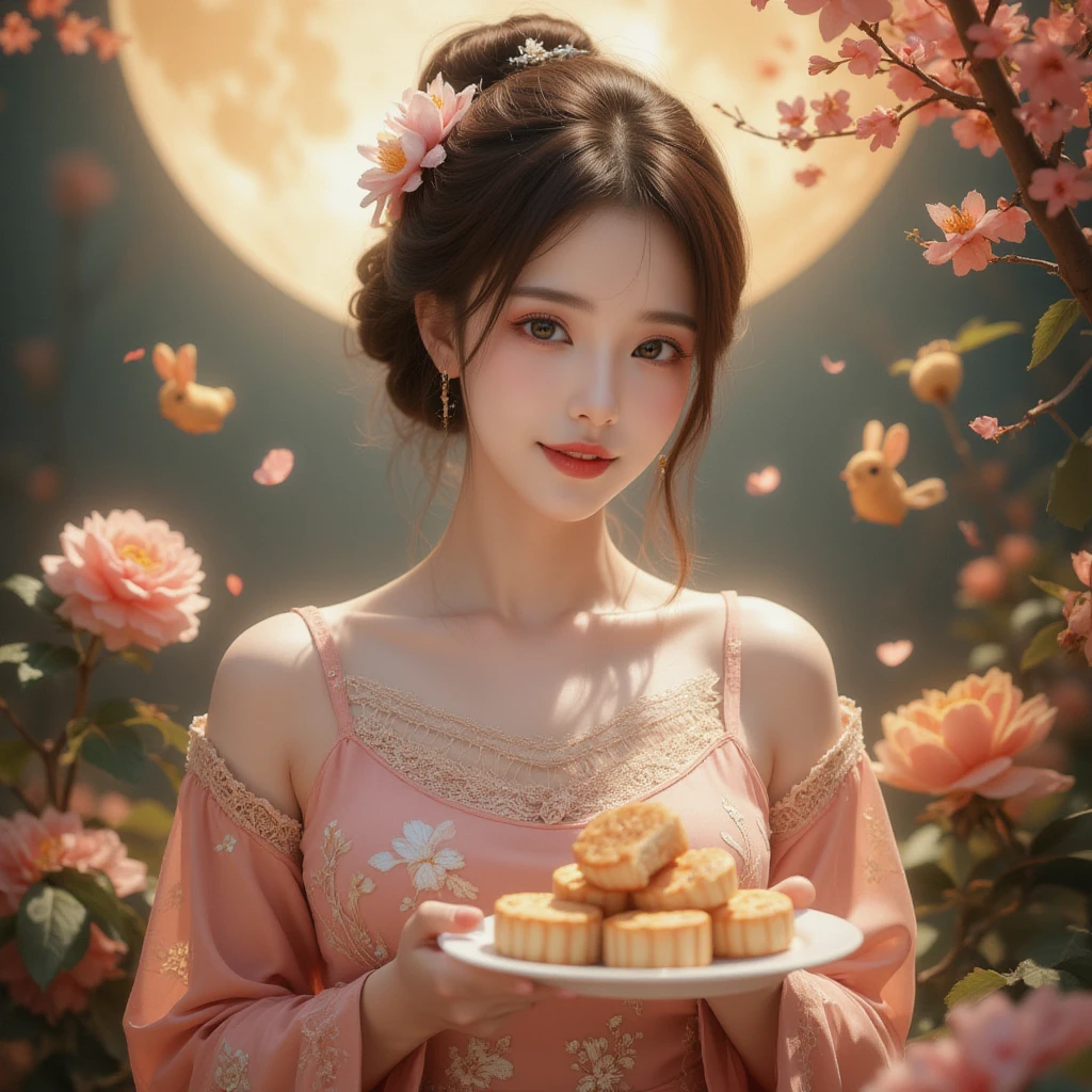 (a girl with beautiful detailed eyes,rosy lips and a radiant smile) (sits gracefully in a colorful blooming garden) (surrounded by vibrant flowers and lush greenery) (under the peaceful and gentle moonlight) (shining down from the celestial moon palace) (named after the legendary Chinese goddess Chang'e). (The girl holds a plate of delicious mooncakes) (decorated with intricate patterns and filled with sweet flavors) (symbolizing reunion and joy) (during the Mid-Autumn Festival). (A group of adorable rabbits) (playfully hop and frolic around the girl) (adding a playful and lively atmosphere to the scene). (best quality, 4k, 8k, highres, masterpiece:1.2), ultra-detailed, (realistic, photorealistic, photo-realistic:1.37) (illustration) (crafted with meticulous brushwork and vibrant colors) (evoking the essence of traditional Chinese painting) (to create a harmonious blend of tradition and imagination). The (soft lighting) (illuminates the scene with a gentle glow) (accentuating the dream-like ambiance) (and enhancing the enchanting beauty of the girl and the garden). Additionally, the (assorted warm colors) (imbue the scene with a sense of comfort and tranquility) (while paying homage to the autumn season and the festival's traditional color palette).