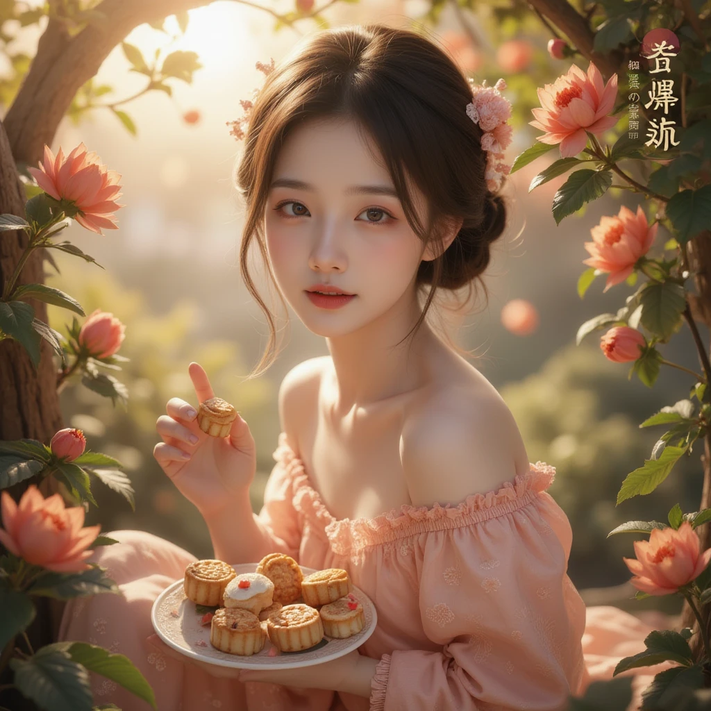 (a girl with beautiful detailed eyes,rosy lips and a radiant smile) (sits gracefully in a colorful blooming garden) (surrounded by vibrant flowers and lush greenery) (under the peaceful and gentle moonlight) (shining down from the celestial moon palace) (named after the legendary Chinese goddess Chang'e). (The girl holds a plate of delicious mooncakes) (decorated with intricate patterns and filled with sweet flavors) (symbolizing reunion and joy) (during the Mid-Autumn Festival). (A group of adorable rabbits) (playfully hop and frolic around the girl) (adding a playful and lively atmosphere to the scene). (best quality, 4k, 8k, highres, masterpiece:1.2), ultra-detailed, (realistic, photorealistic, photo-realistic:1.37) (illustration) (crafted with meticulous brushwork and vibrant colors) (evoking the essence of traditional Chinese painting) (to create a harmonious blend of tradition and imagination). The (soft lighting) (illuminates the scene with a gentle glow) (accentuating the dream-like ambiance) (and enhancing the enchanting beauty of the girl and the garden). Additionally, the (assorted warm colors) (imbue the scene with a sense of comfort and tranquility) (while paying homage to the autumn season and the festival's traditional color palette).