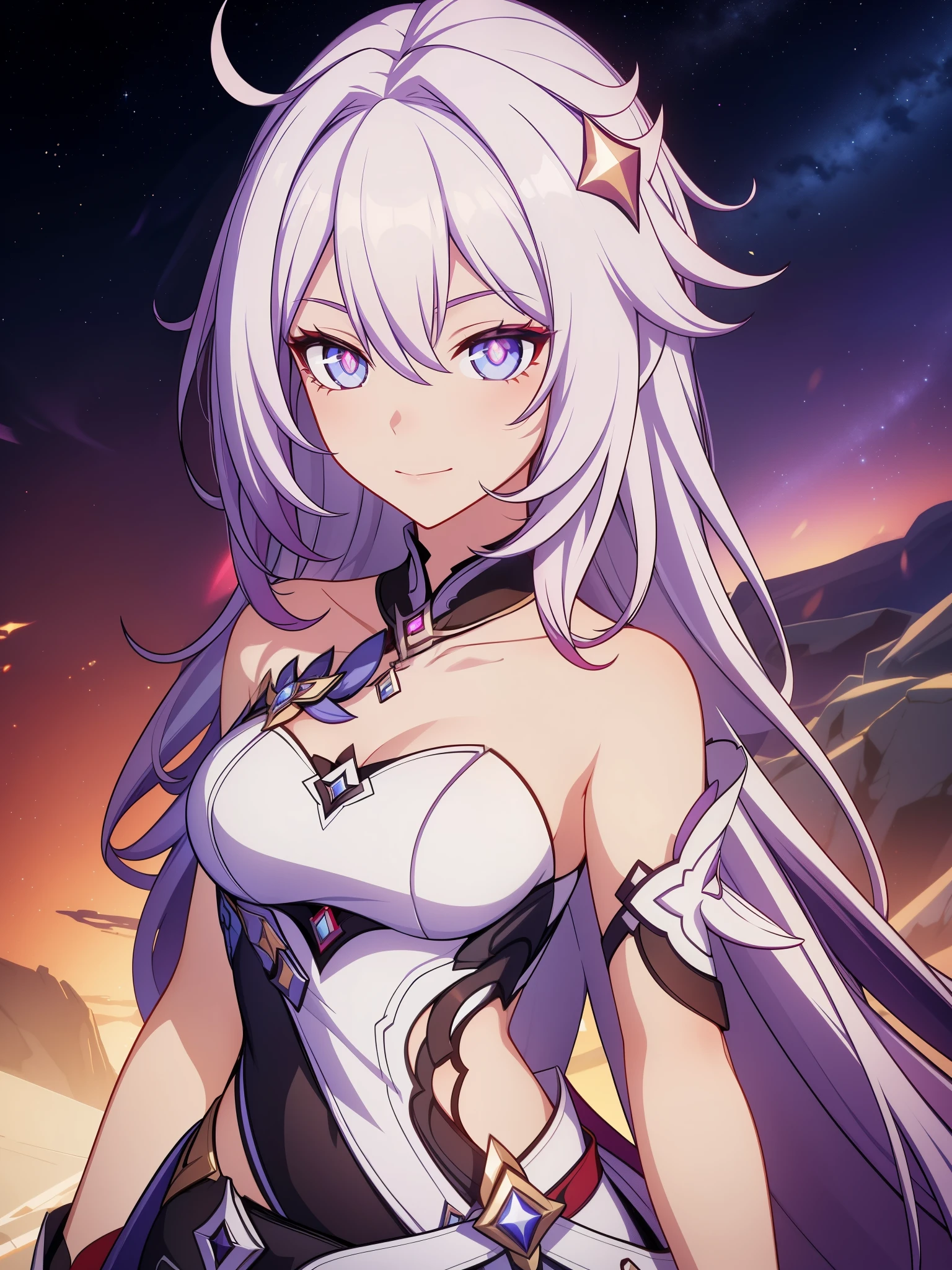 (high-quality, breathtaking),(expressive eyes, perfect face) 1girl, female, solo, portrait, Symmetrical Eyes, multi colored hair, medium full shot, dress, cowboy shot, red streaks, cute smile, Fu Hua(FoV), stars, glowing hair, elysia (honkai impact), kianahd