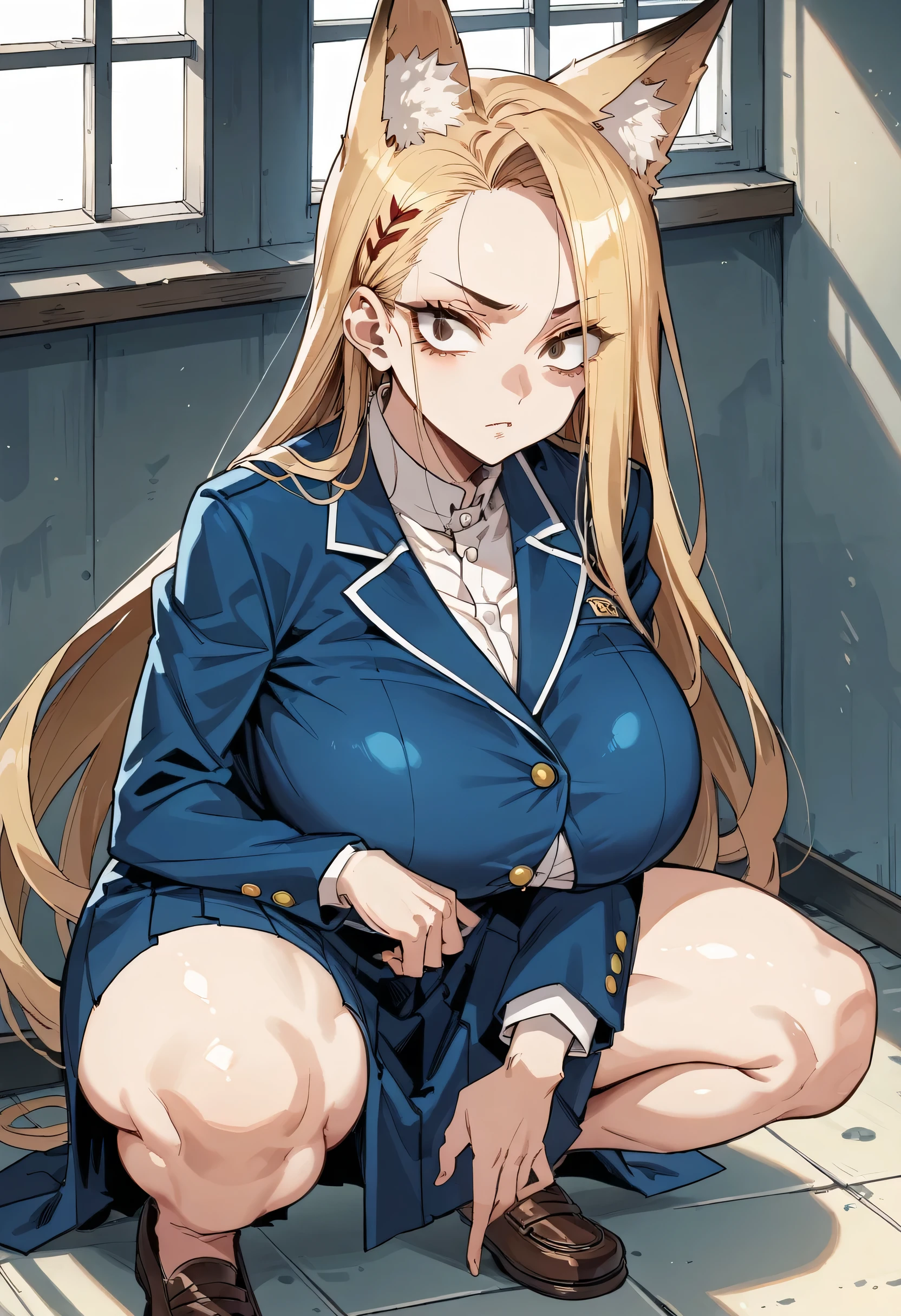 Cold Stare,(hi-quality,high resolution),((Fox Ears)),(((forehead,asymmetrical hair))),(((very turime,very long slit eyes))),(school uniform),((oblong face,squared face)),((huge breasts)),(((very narrow eyes))),((Clear Eyes,Perfect Eyes,brown eyes)),((clear lines)),Blonde,Long Hair,Old room,Delinquent Girl,gal, clothes are exposed,((anime)),(squatting),Place your arms on your legs,((From above))