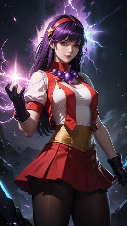 Realistic 1.2, hair band, look detailed, long hair, purple hair, gloves, gloves sem dedos, hair band vermelha, jewelry, star, (symbol), hair ornament, pantyhose, skirt, hair ornament de star, breasts, toys, vest, short sleeves, collar, skirt vermelha, fringe, breasts grandes, gloves vermelhas, puff sleeves, shirt, shirt branca, (Computer Generated Images) e VFX (Visual Effect) highlights the intricate anatomical features in a perfect way. sfx, complement visual art, immersing the viewer. The level of detail is inspiring, with intricate elements meticulously crafted, Volumetric effects add depth and dimension, and the photorealism is unmatched. The image is rendered in 8K resolution, ensuring super detailed visuals. Volumetric lightning adds a touch of magic, highlighting your beauty and aura in a supernatural way. A tecnologia High Dynamic Range (HDR) makes the cores stand out, adding richness to the overall composition. Finally, this art presents an unreal portrait.