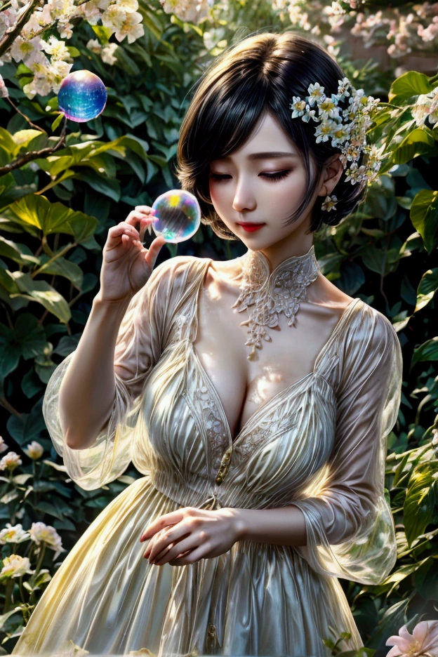 A beautiful woman is blowing soap bubbles、garden、Spring sunshine、Friendly atmosphere、Bokeh、