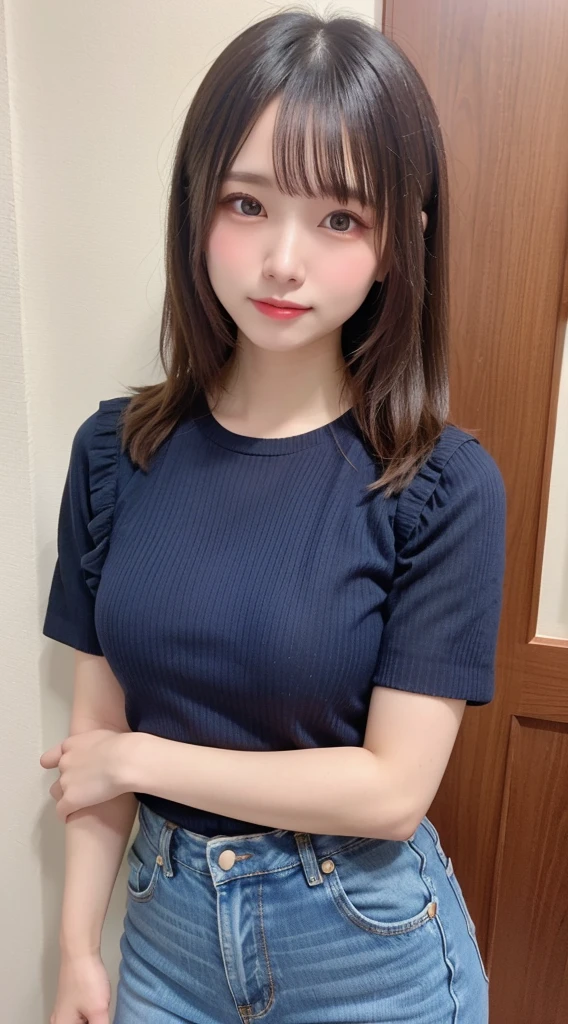 A woman in her fifties wearing a blue top and white skirt sitting on her bed, translator, Yoshitomo Nara, Chiho, My motto is Teshirogi, narumi kakinouchi, sakimi chan, Takano Aya color style, Cute Core, sakimichan, shikamimi