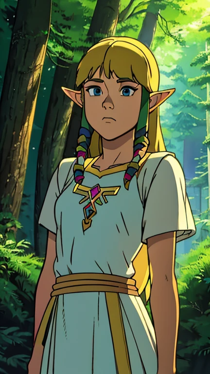 (Teens:1girl: princess zelda), (extremely detailed CG unit 8k wallpaper),(master part), (best quality), (ultra detail), (best illustration),(GHIBLI_Background), cowboy shot, (Sharp eyeliner, ombre, detailed eyes:1), forest, outdoor, ,break , (Akira), upper body, sksw, white dress, hair tubes, hair ribbon,