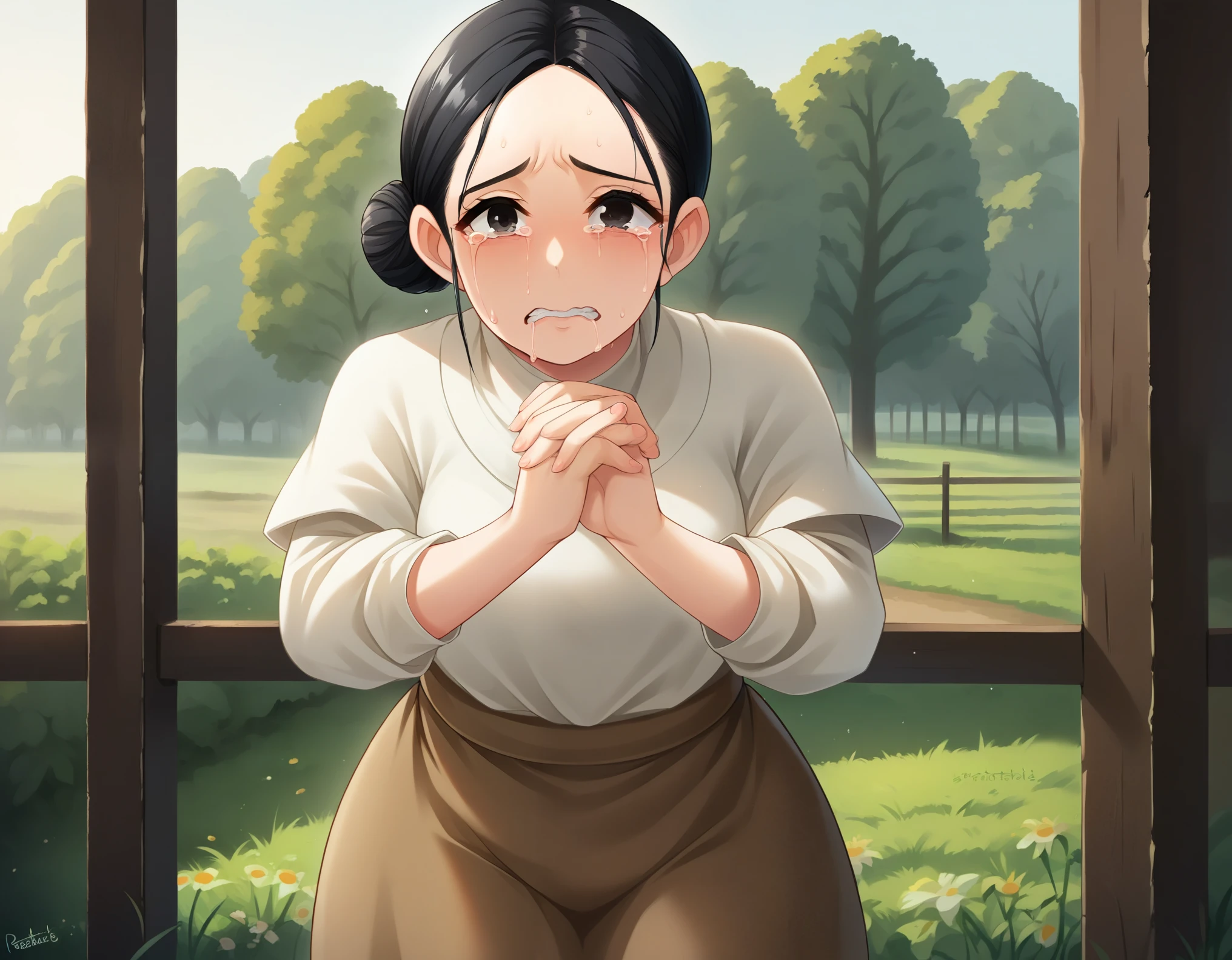 WRC Style, game CG, Anime style, ((high resolution)), (((masterpiece))), (((best quality))), ((ultra-detailed)), (cinematic lighting), {illustration}, {beautiful detailed eyes}, {shining splendid skin}, {{{glossy skin}}}, {1girl}, extremely detailed, exaggerated proportion, 1girl, solo, a farmer, ((black hair)), worried face, crying, (single bun), ((long parted bang)), (white medieval tunic), brown skirt, forehead, (big thigh), her hands is begging, looking at viewer, farmhouse Background, (cowboy shot), (((anatomically correct hand))), ratatatat74, cell shaded, pixiv